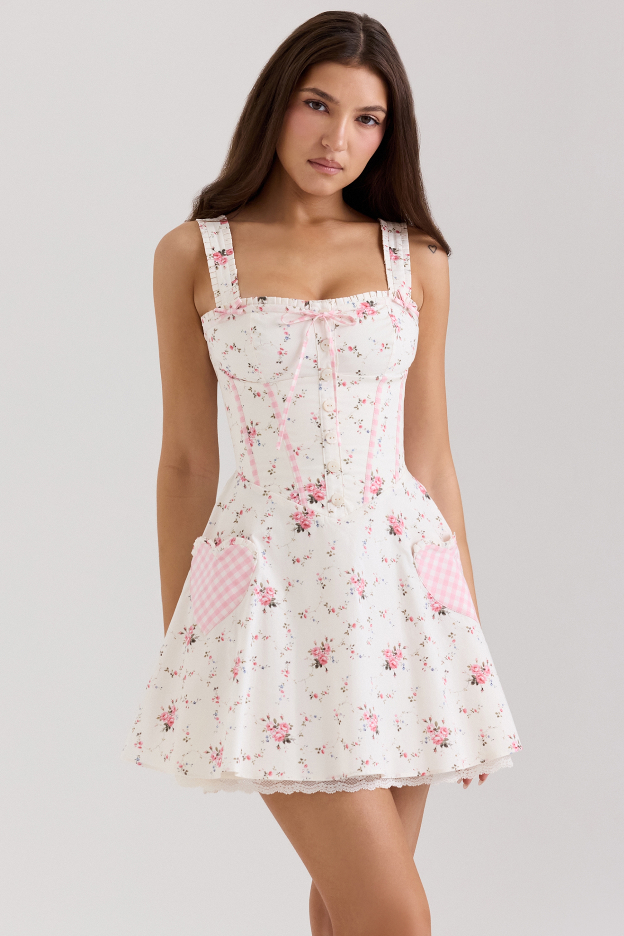 Cream Rose Print Stretch Cotton Mini Dress