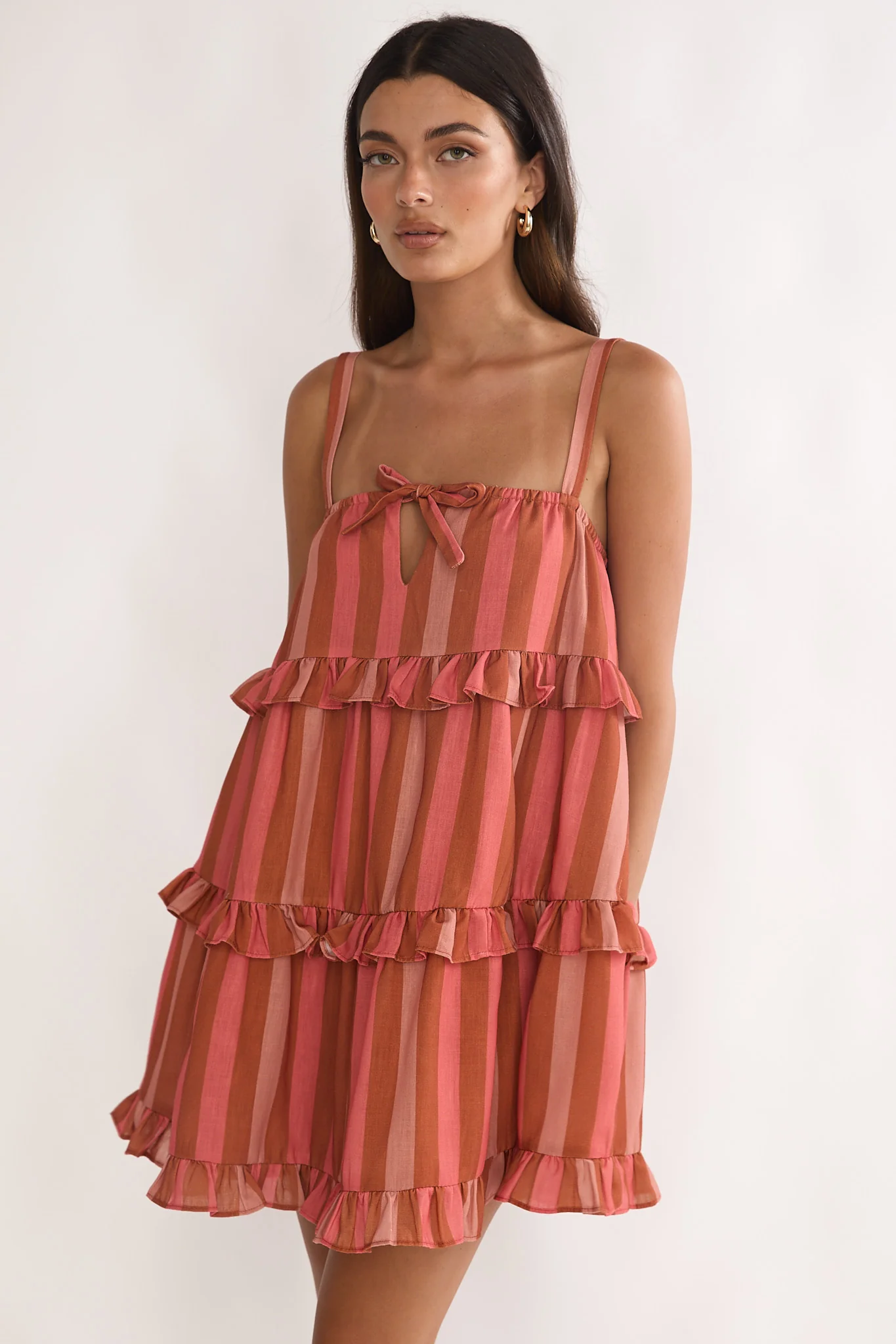 Lyndara Frill Trim Mini Dress Stripe Peach