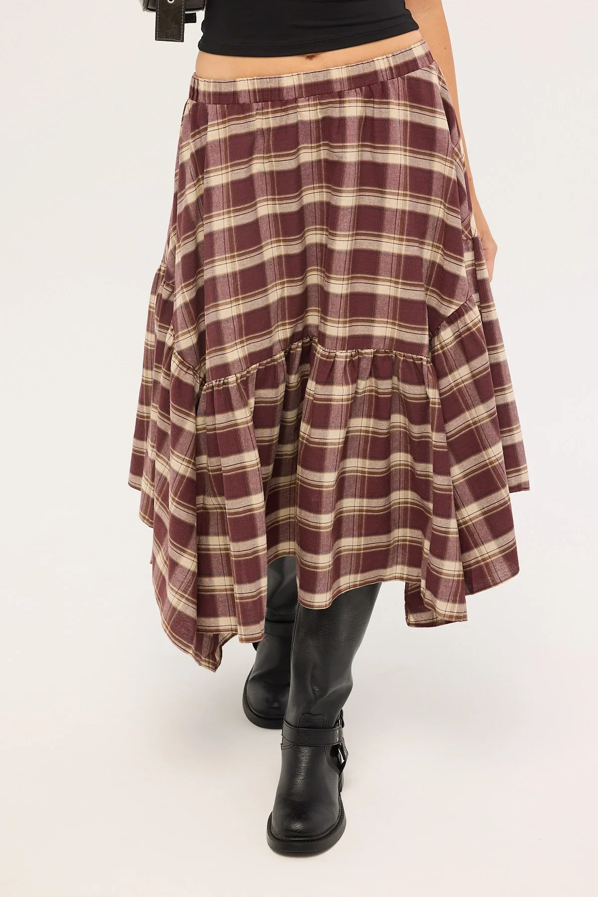 Luck & Trouble Vintage Check Midi Skirt Brown Print