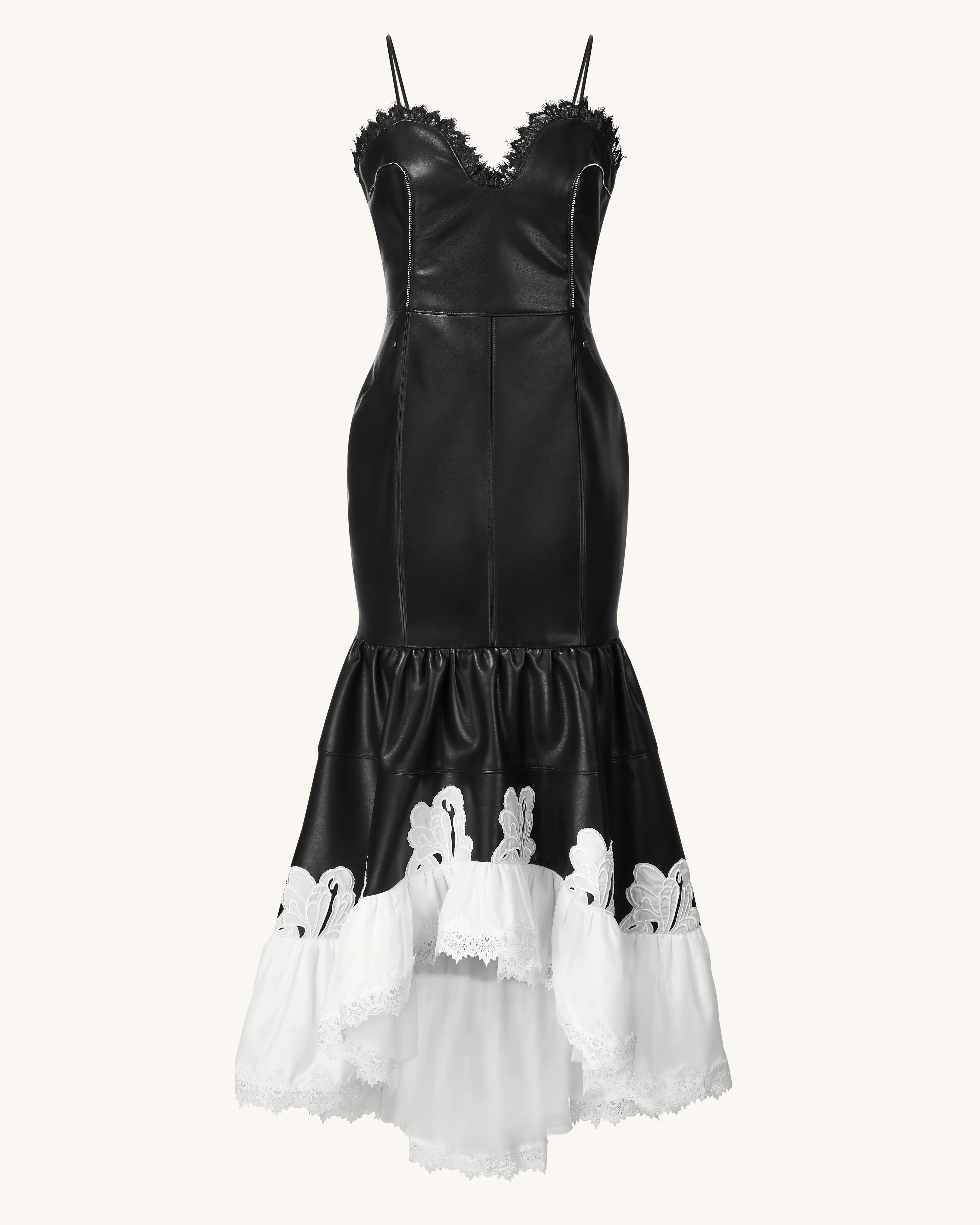Zora Lace Trim Leather Dress - Black - FASHION NOB