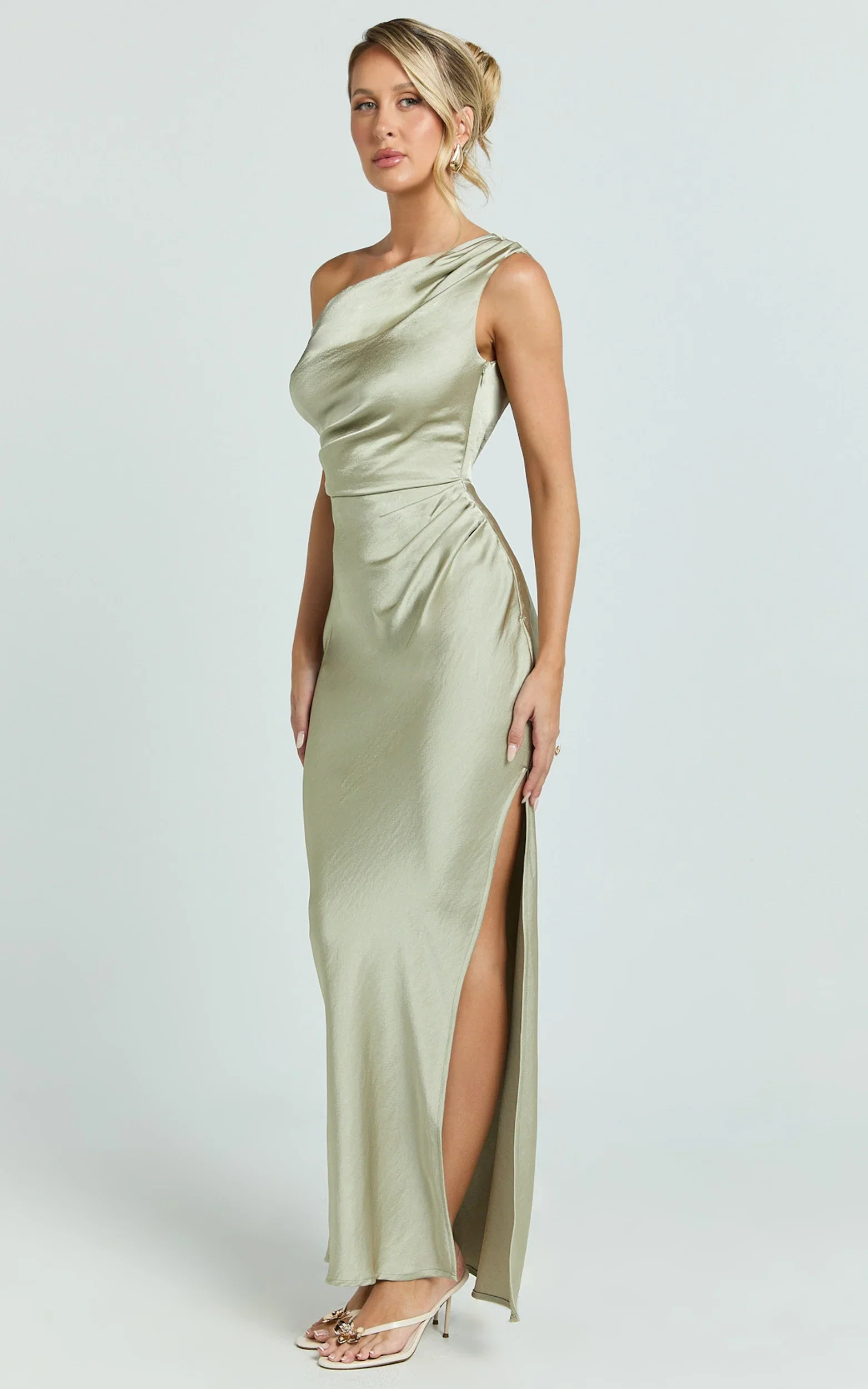 Laurie Maxi Dress - One Shoulder Ruched Dress in Light Olive