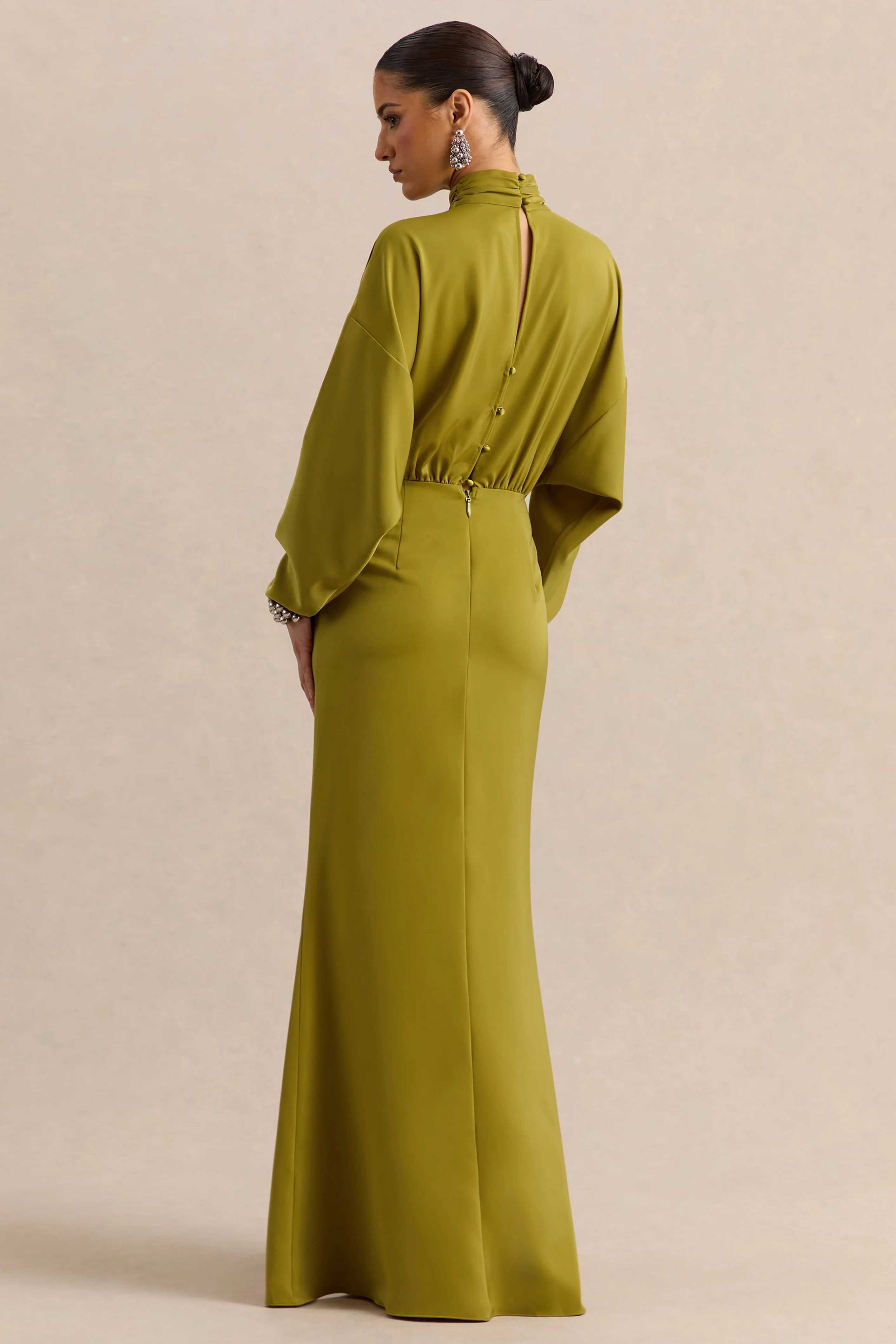 Perla | Olive High-Neck Maxi Dress With Gathered-Detailing