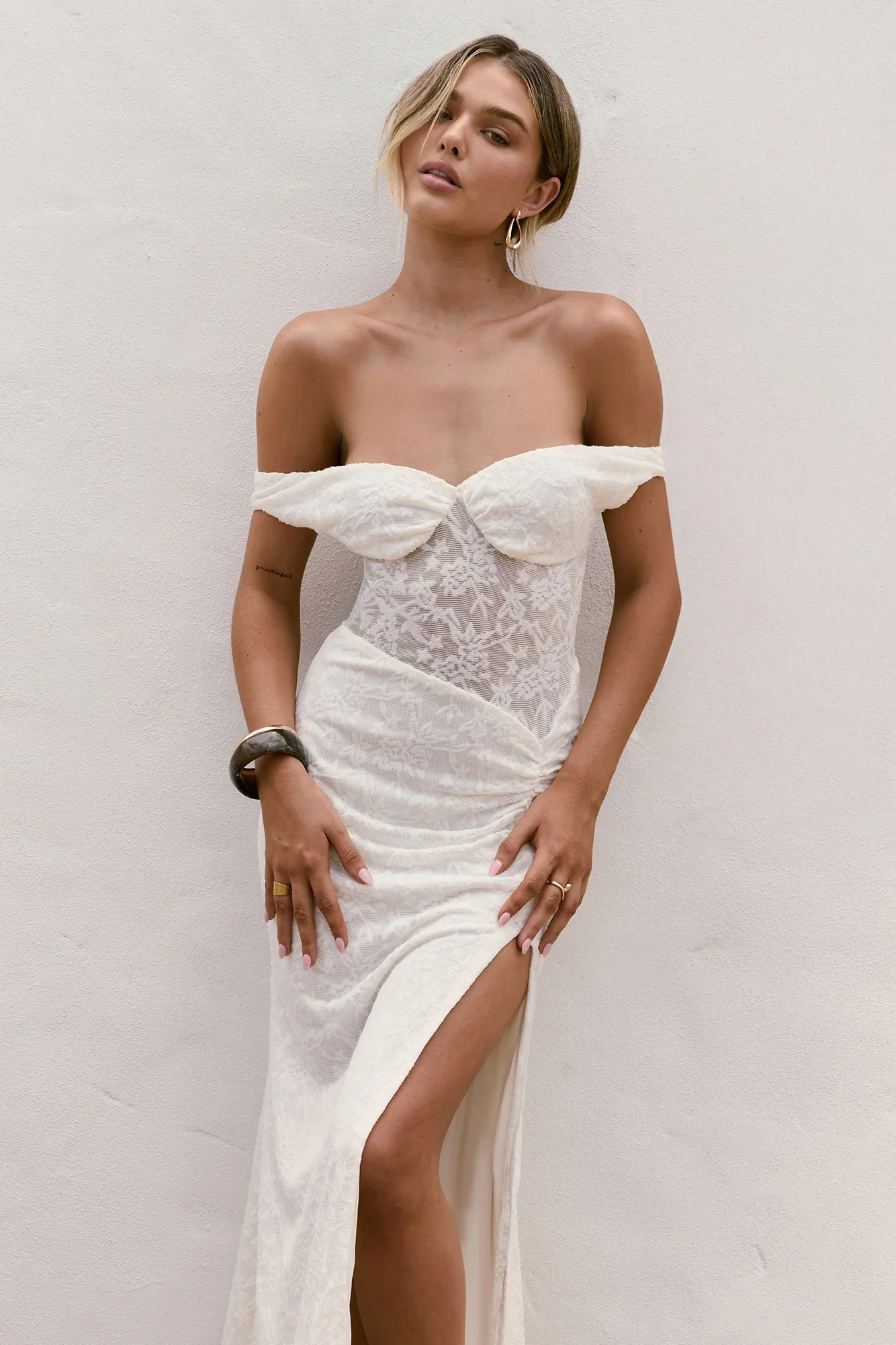 Soft Smiles Off Shoulder Lace Maxi Dress White