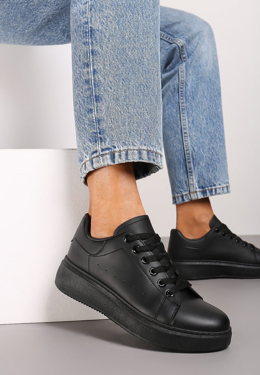 Czarne Casualowe Sneakersy na Platformie ze Sznurowaniem Tialorae
