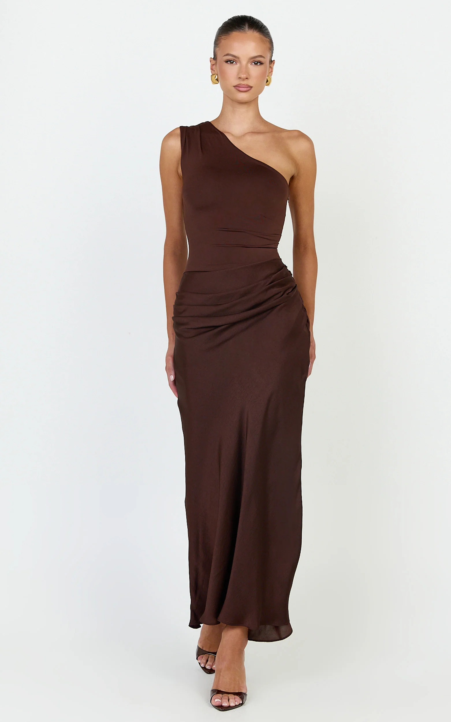 Astrid Midi Dress - One Shoulder Contrast Satin Dress in Chocolate