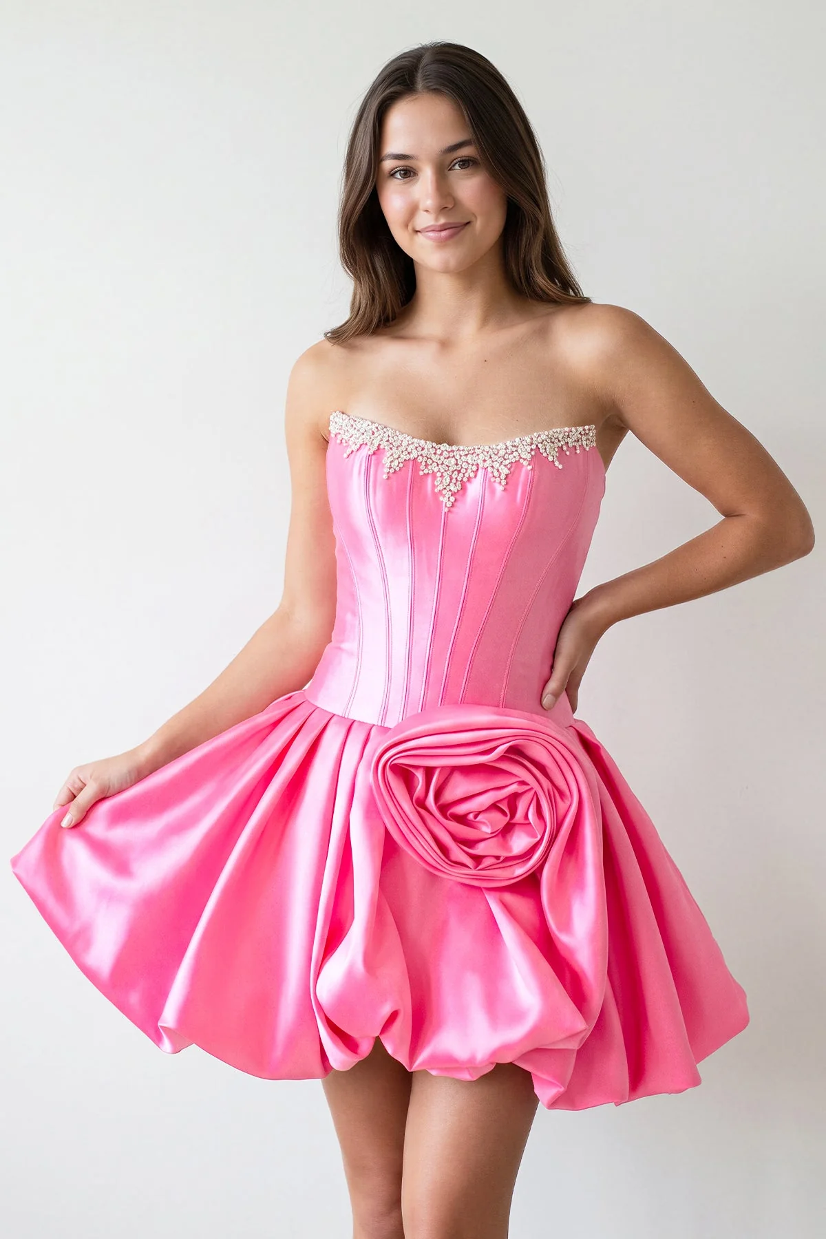 Hot Pink Strapless Satin A-Line Ruched Corset Homecoming Dress with Beading