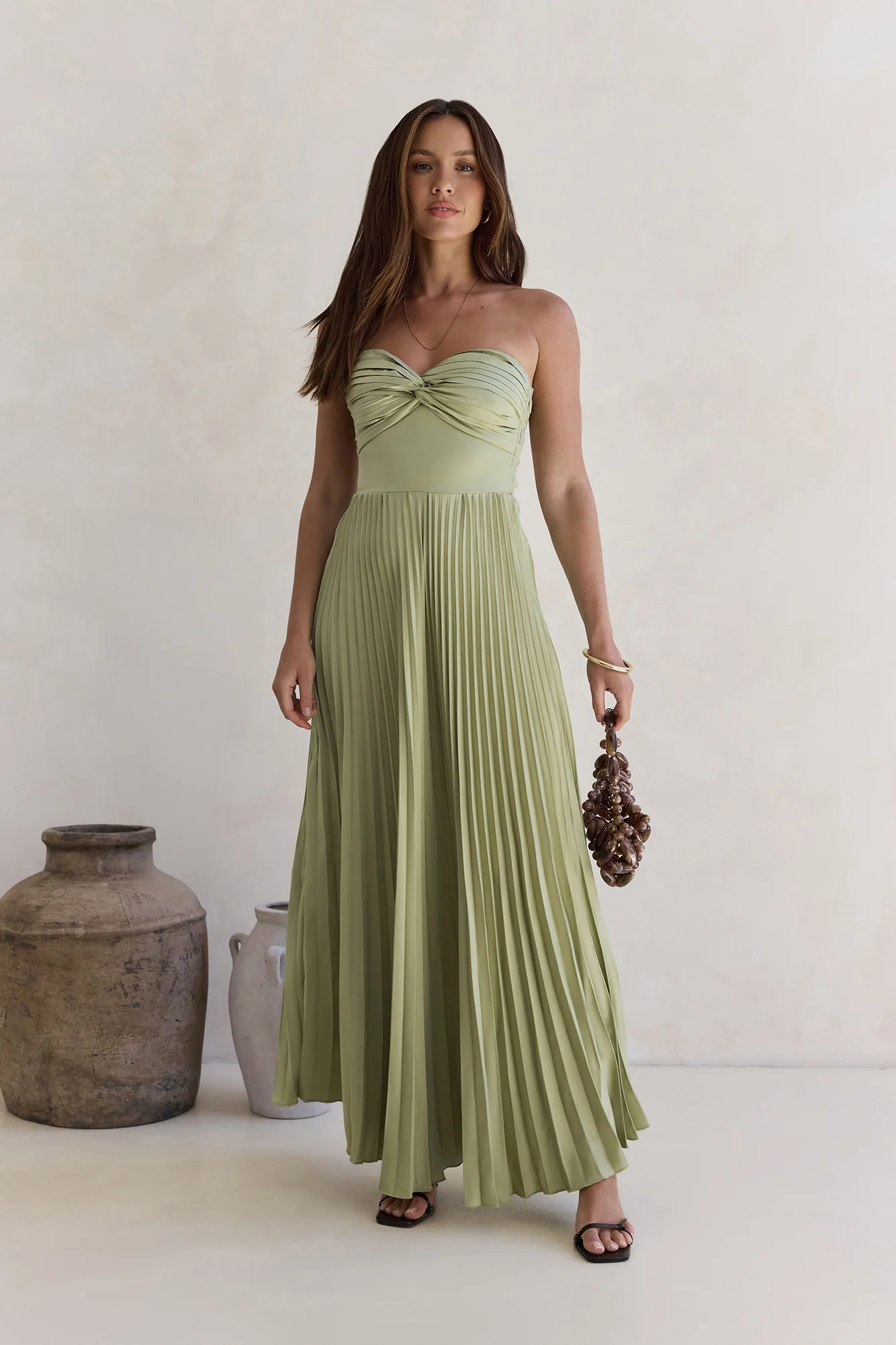 Decades Ago Plisse Strapless Maxi Dress Green