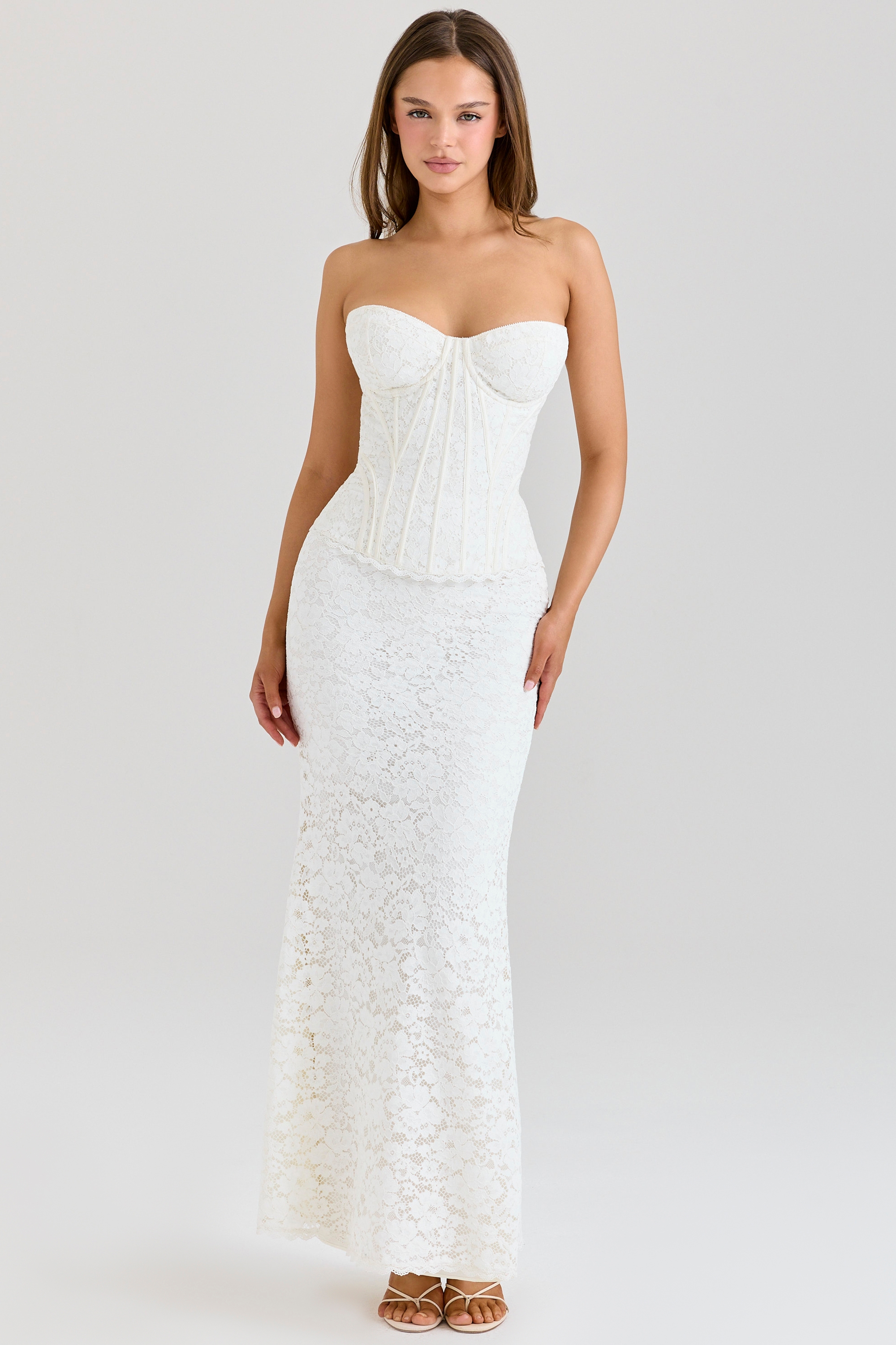 ivory lace corset maxi dress