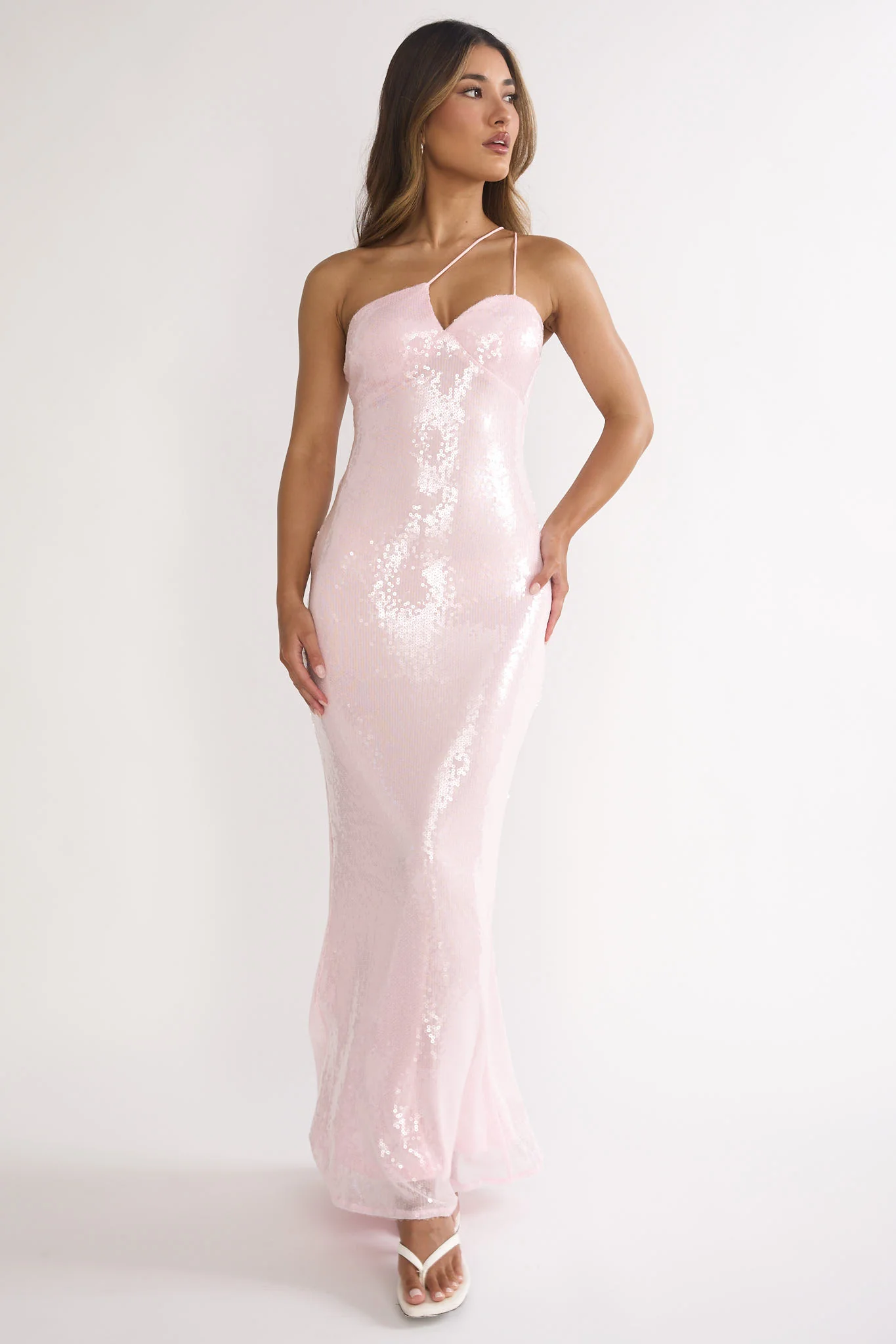 Roselyn One-Shoulder Sequin Maxi Dress Pink