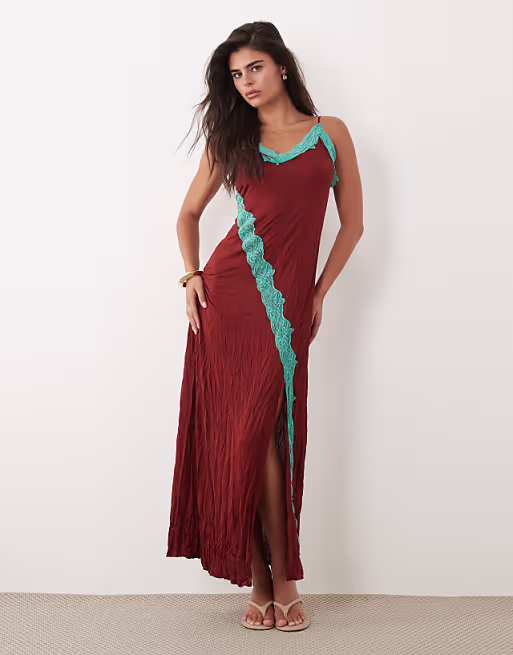 crinkle contrast lace trim midaxi dress in brown and blue