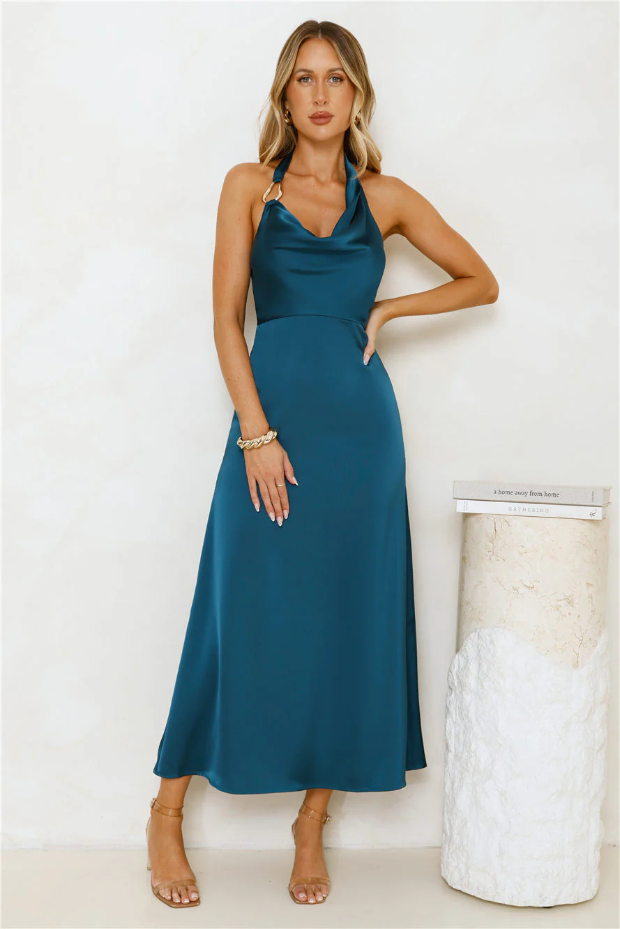 Night's Allure Satin Halter Maxi Dress Teal