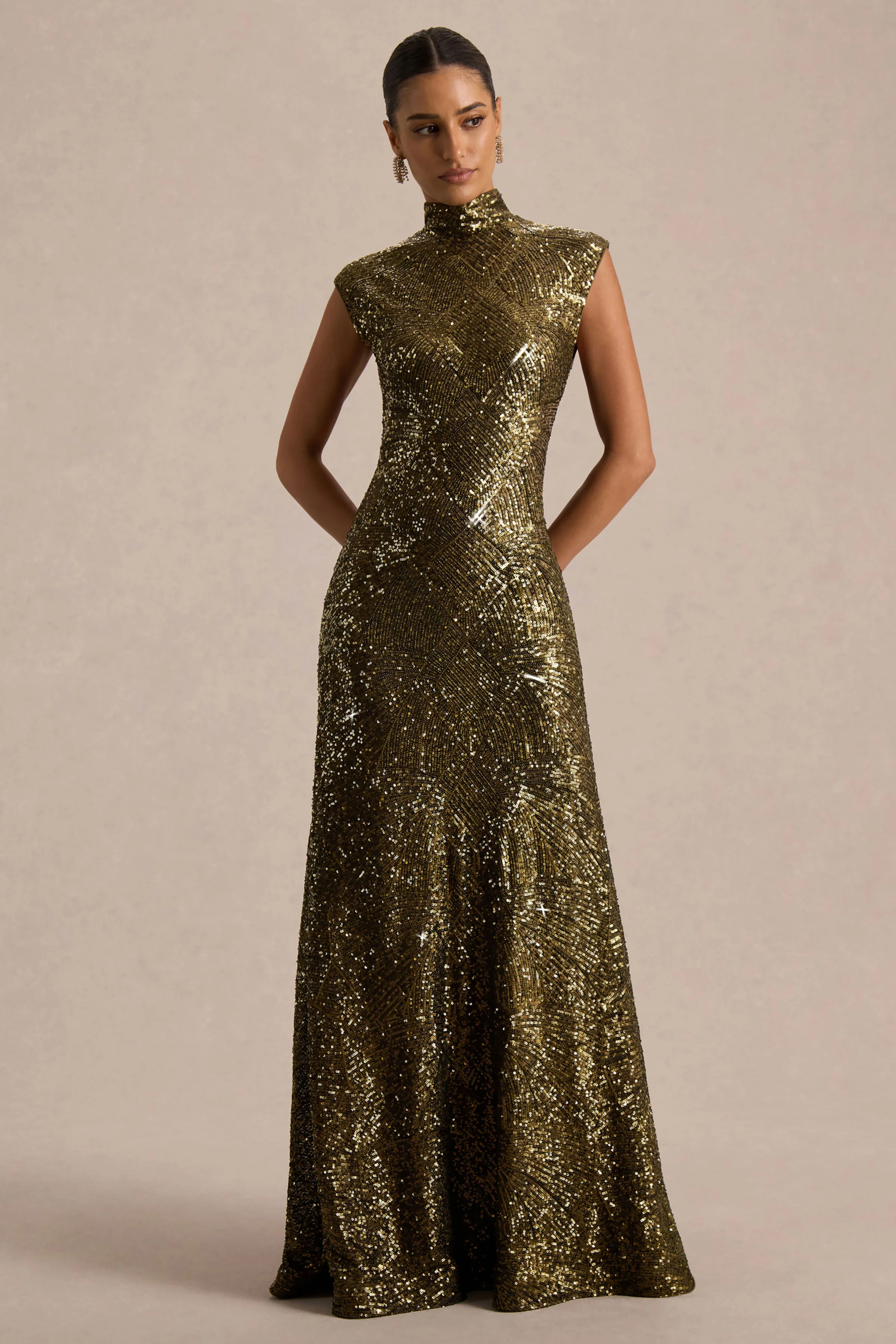 Cecy | Khaki Sequin High-Neck Maxi Dress With Cap Sleeves