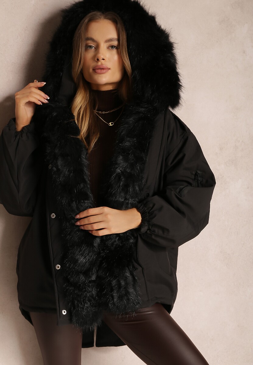Ciemnozielona Kurtka Parka Oversize z Futerkiem Horelle