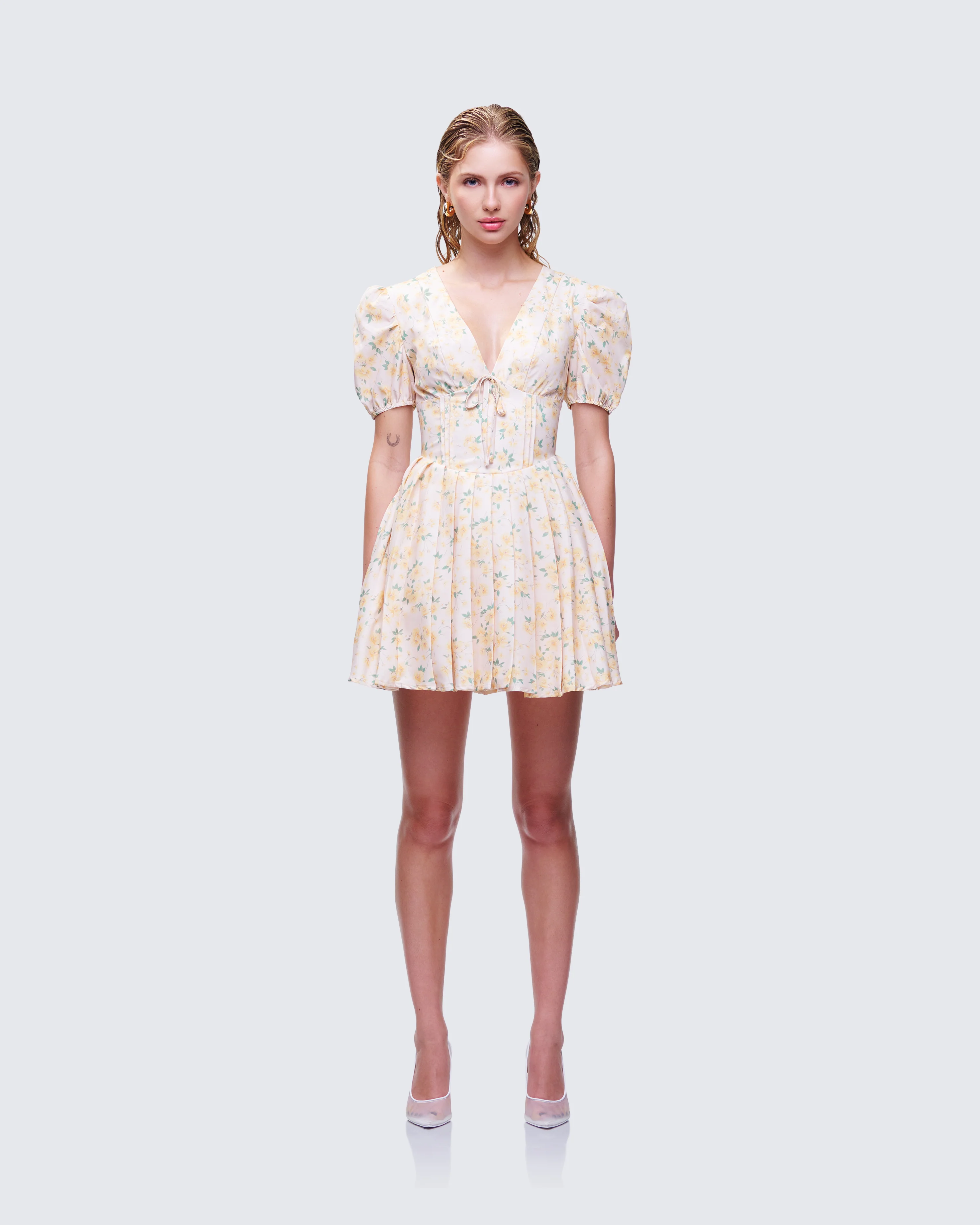 Nyla Yellow Floral Pleated Mini Dress