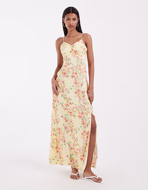 Vero Moda ruched bust detail cami midi dress in yellow based floral print