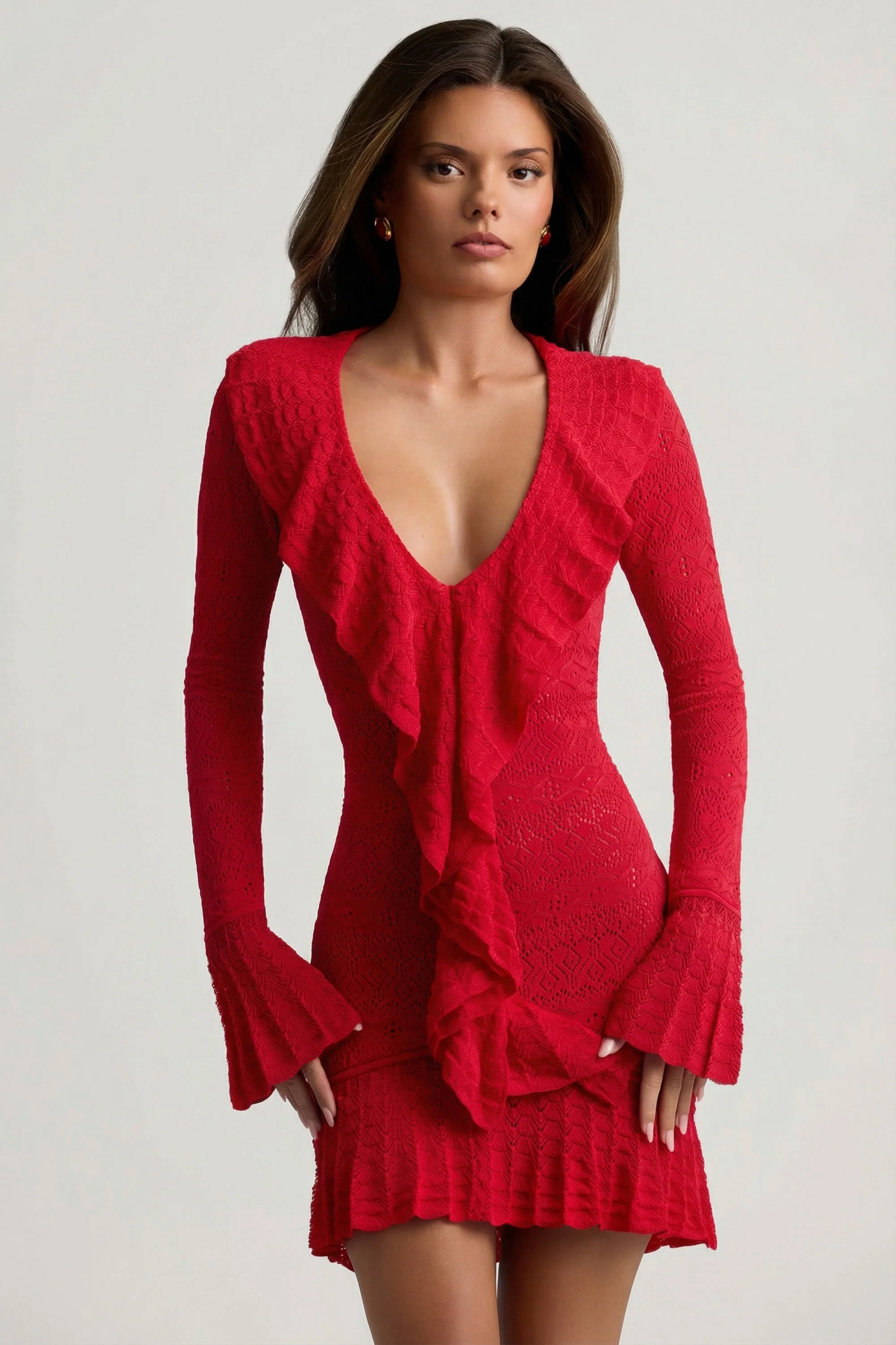 Ruffle-Trim Pointelle-Knit Mini Dress in Scarlet Red