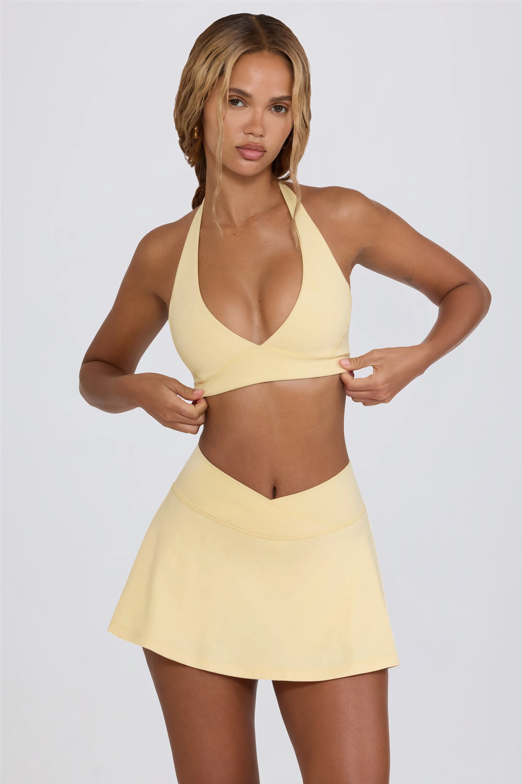 Brushed Jersey Crossover Mini Skort in Lemon Marl