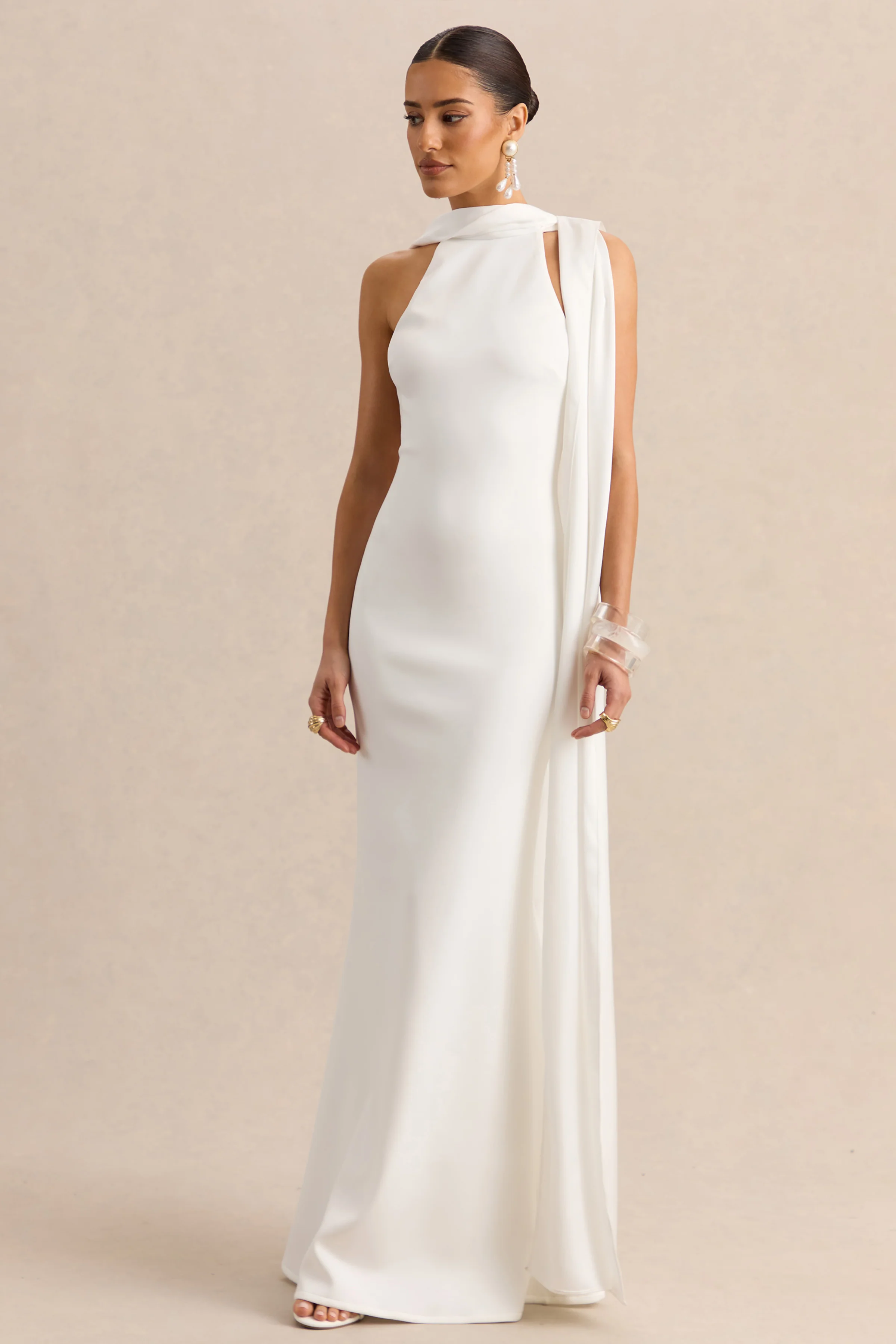 Vionette | White High-Neck Maxi Dress With Scarf