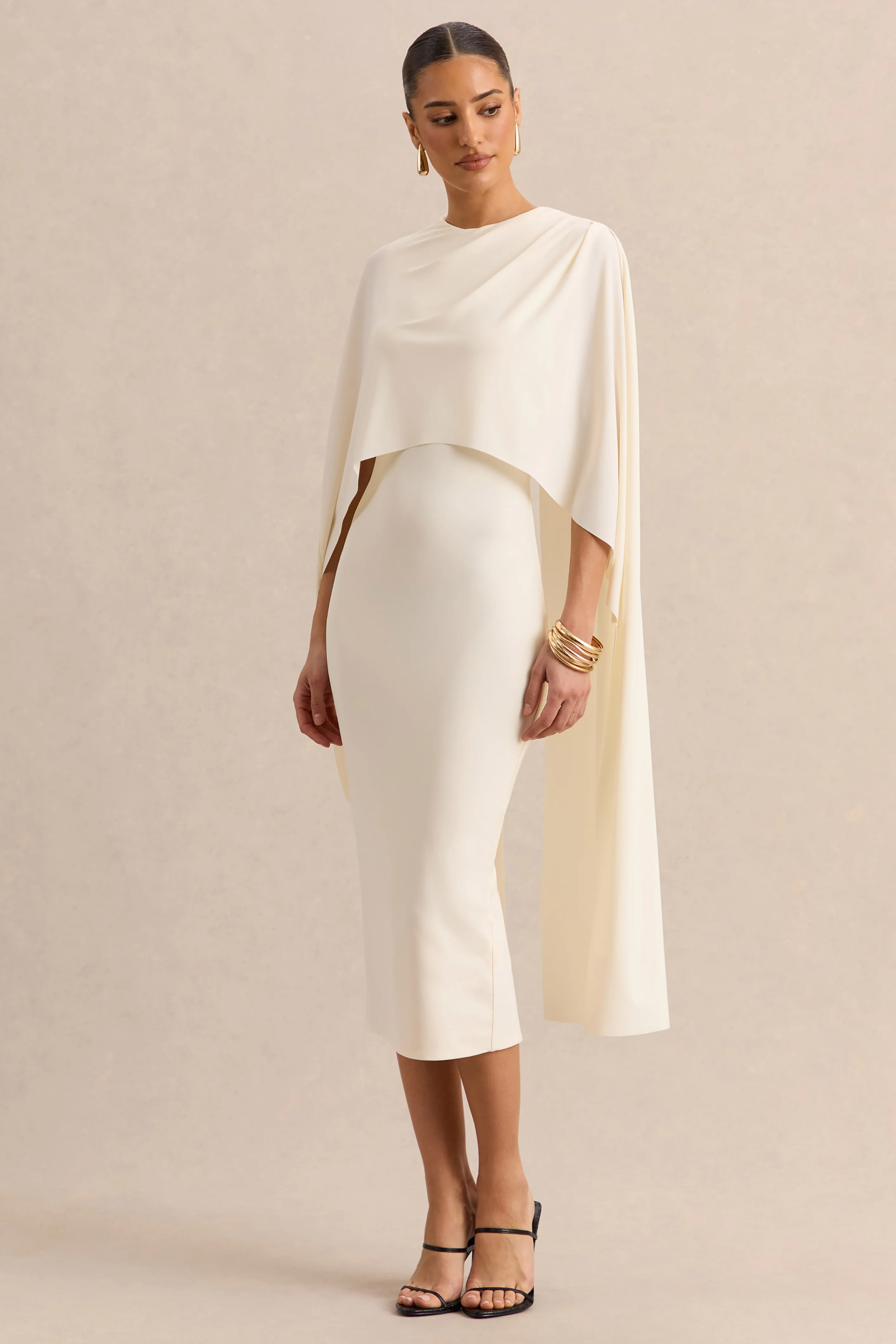 Luxalyn | Cream Round-Neck Midi Dress With Cape-Detail