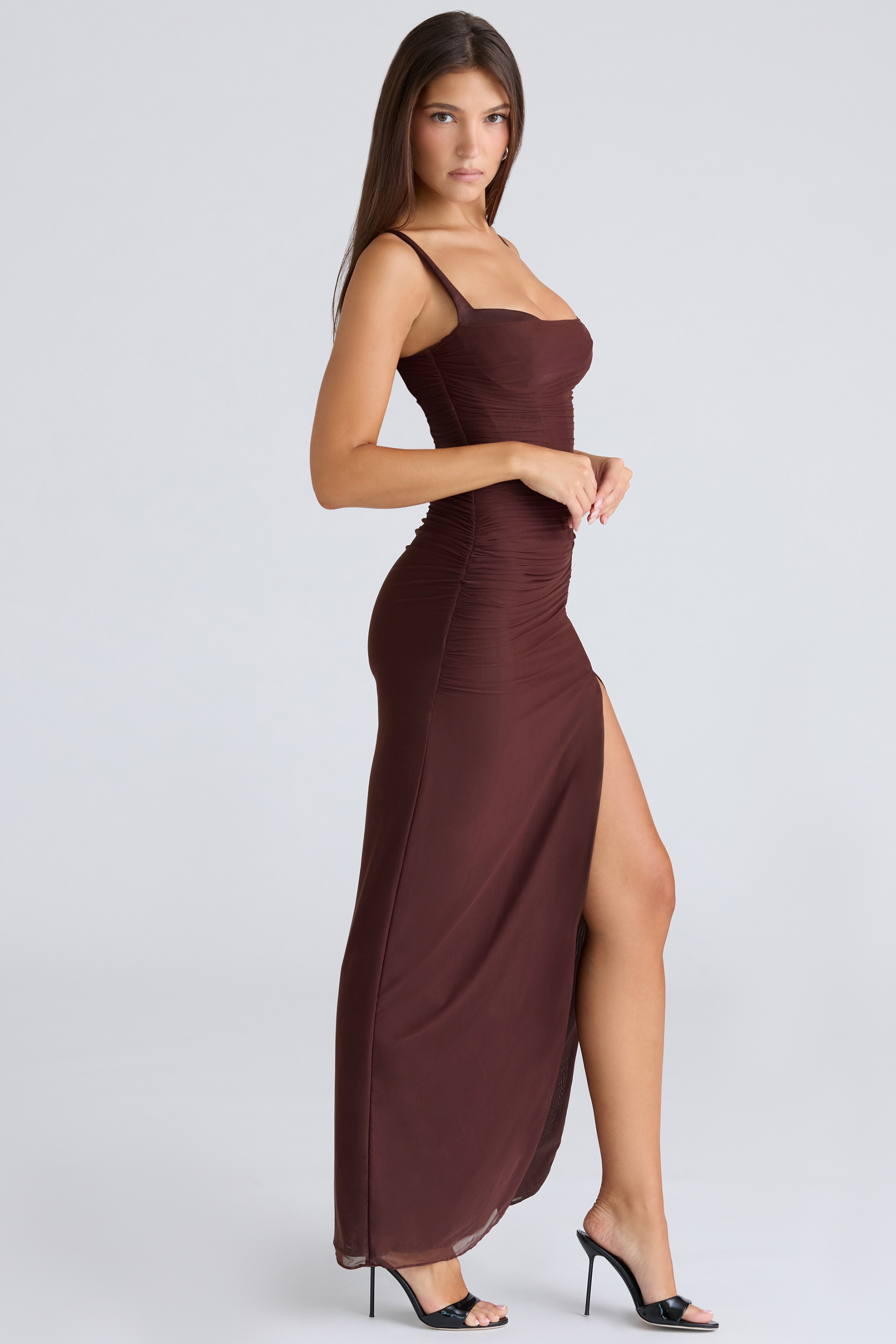 burgundy stretch mesh maxi dress