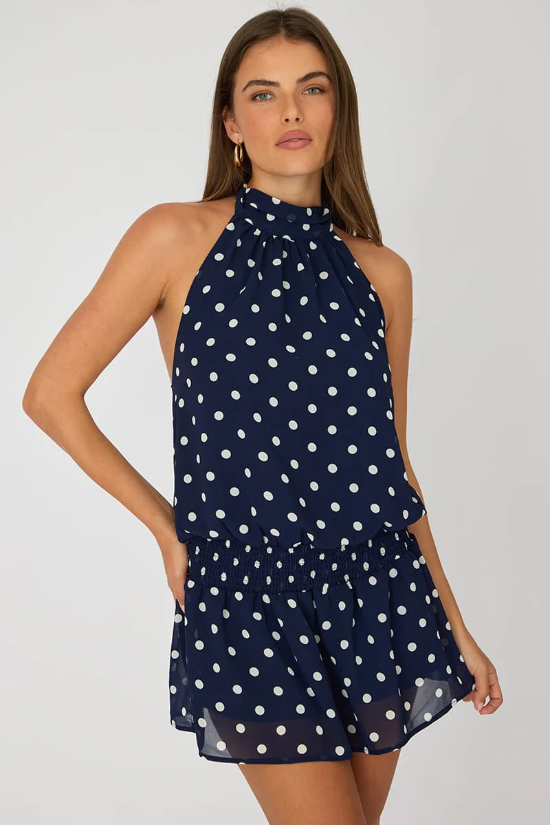 Blue Polka Dot High Neck Dress Mini Chiffon