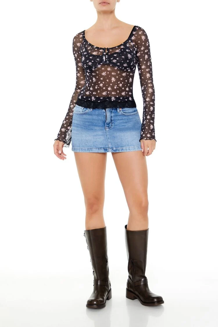 Sheer Mesh Rose Print Top