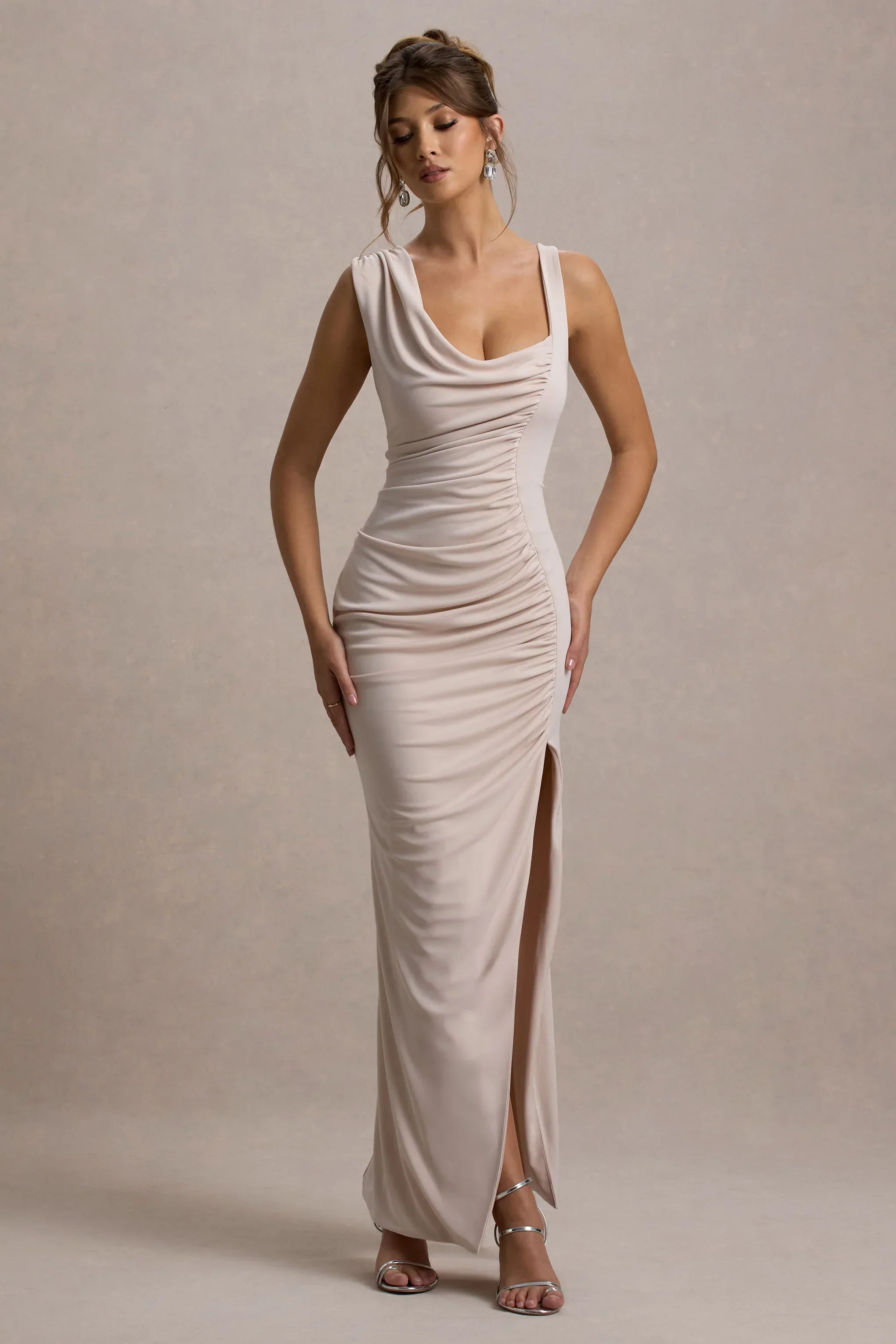 Analissa | Champagne Asymmetric Draped Maxi Dress With Split
