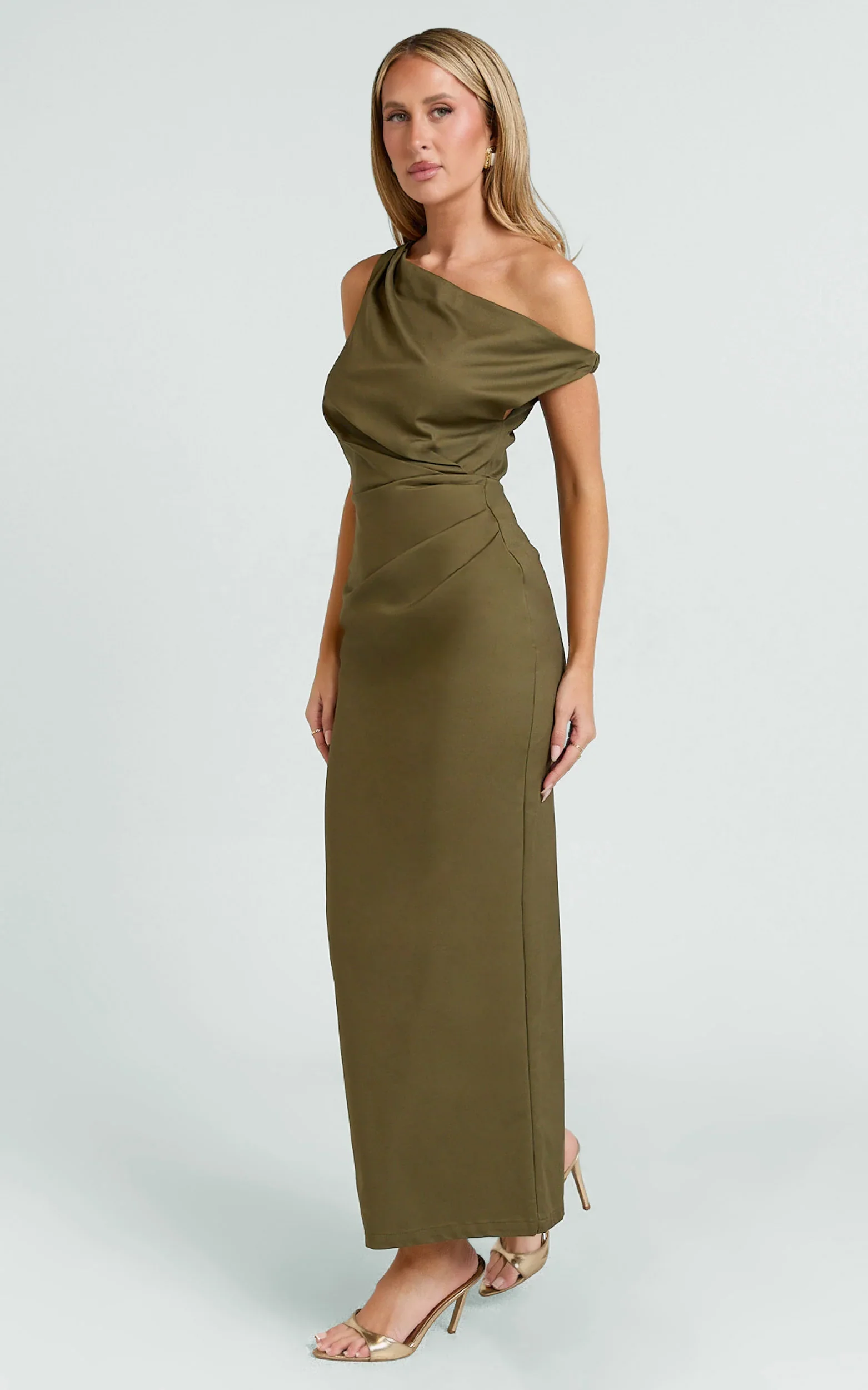 Alexandria Midi Dress - Tip Shoulder Draped Fitted Dress in Olive