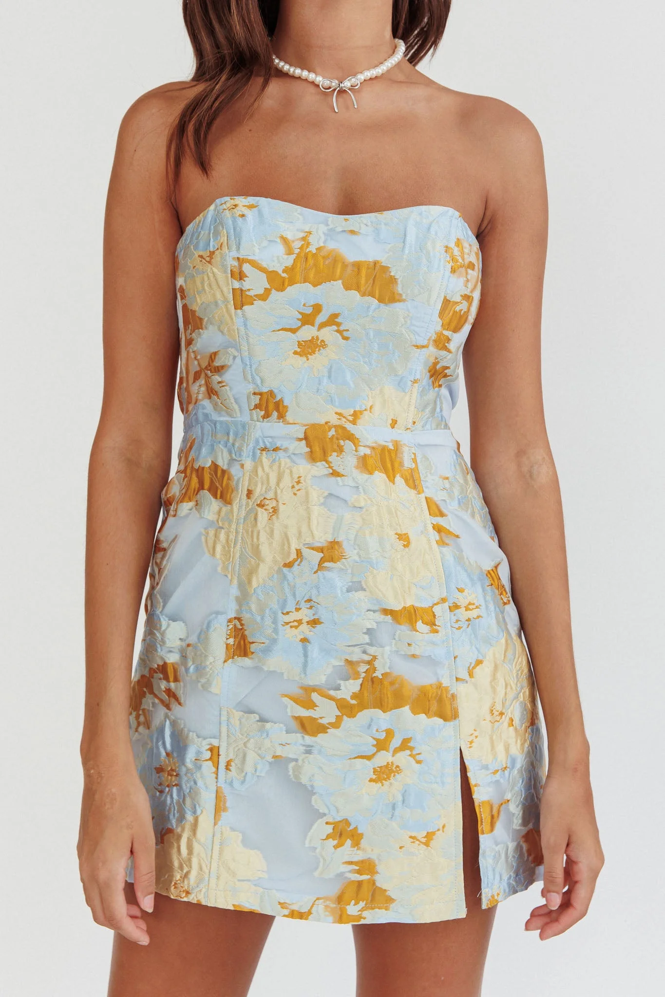 Marlina Strapless Jacquard Mini Dress Blue - luluinthesky