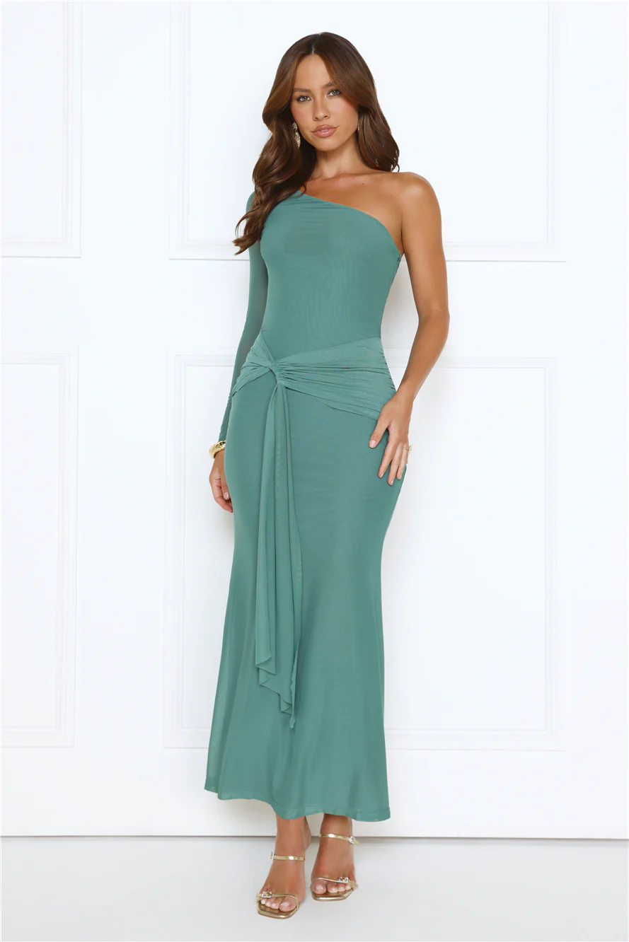 Dressed In Love One Shoulder Mesh Maxi Dress Green