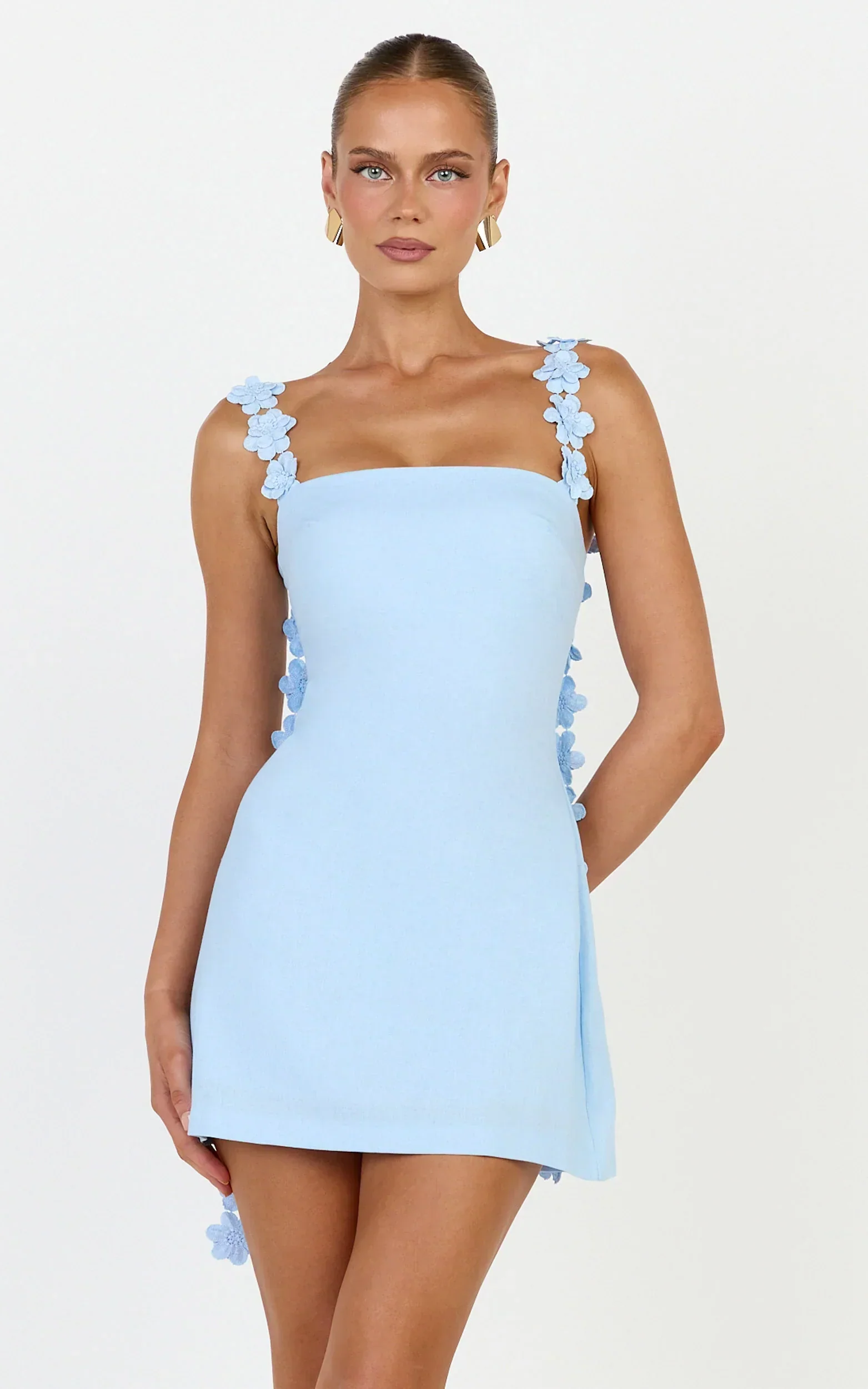 Clementine Mini Dress - 3D Floral Strap Dress in Blue