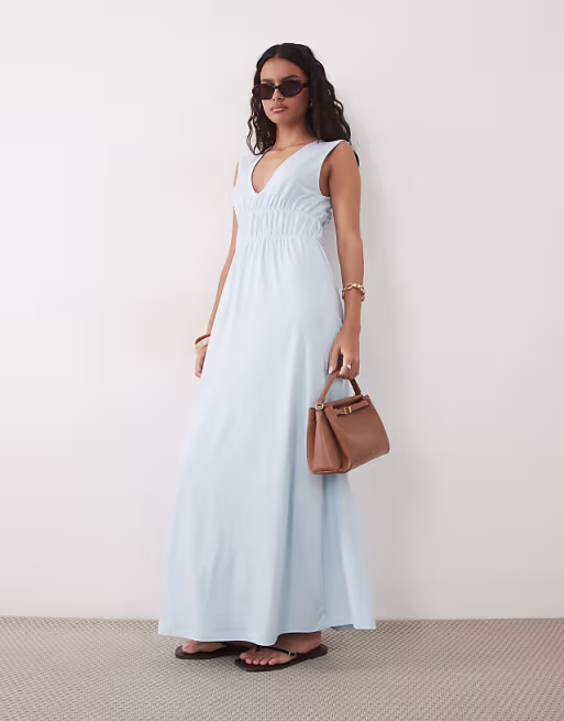 ruched bodice plunge maxi dress in dusty blue