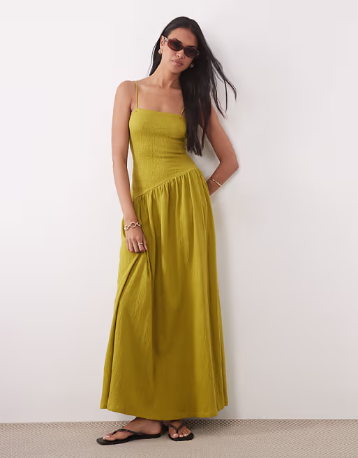 crinkle cami tie back midi dress with asymmetric waist in olive
