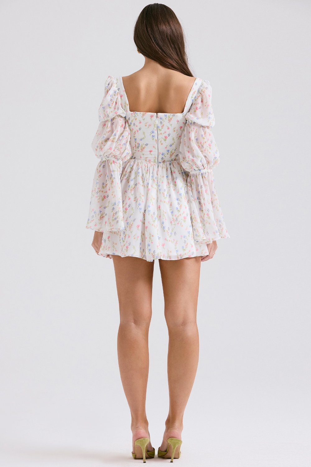 White Posy Print Puff Sleeve Mini Dress