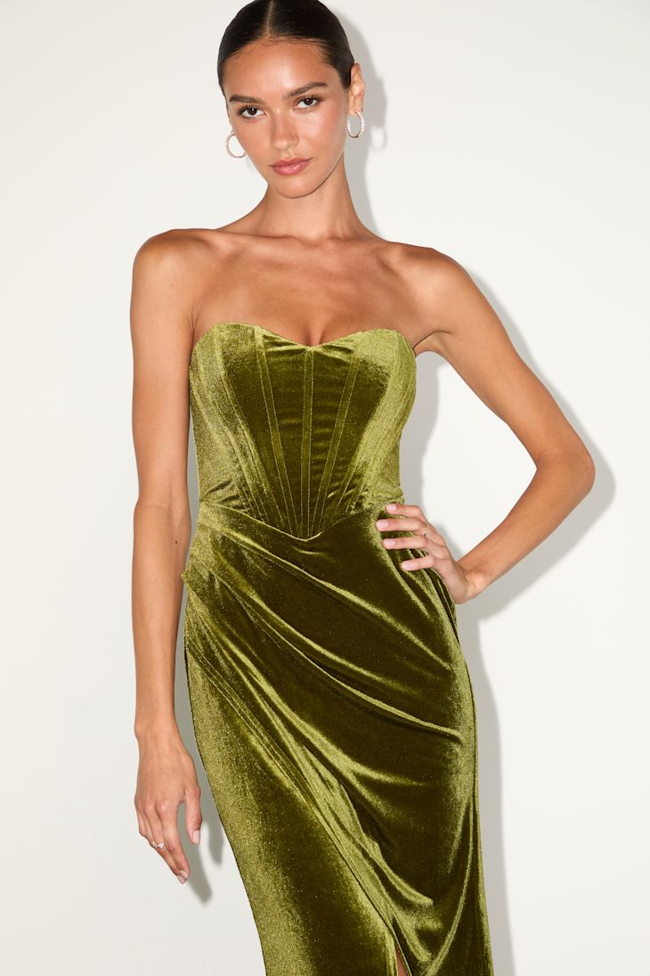 Masterfully Flirty Olive Green Velvet Bustier Midi Dress