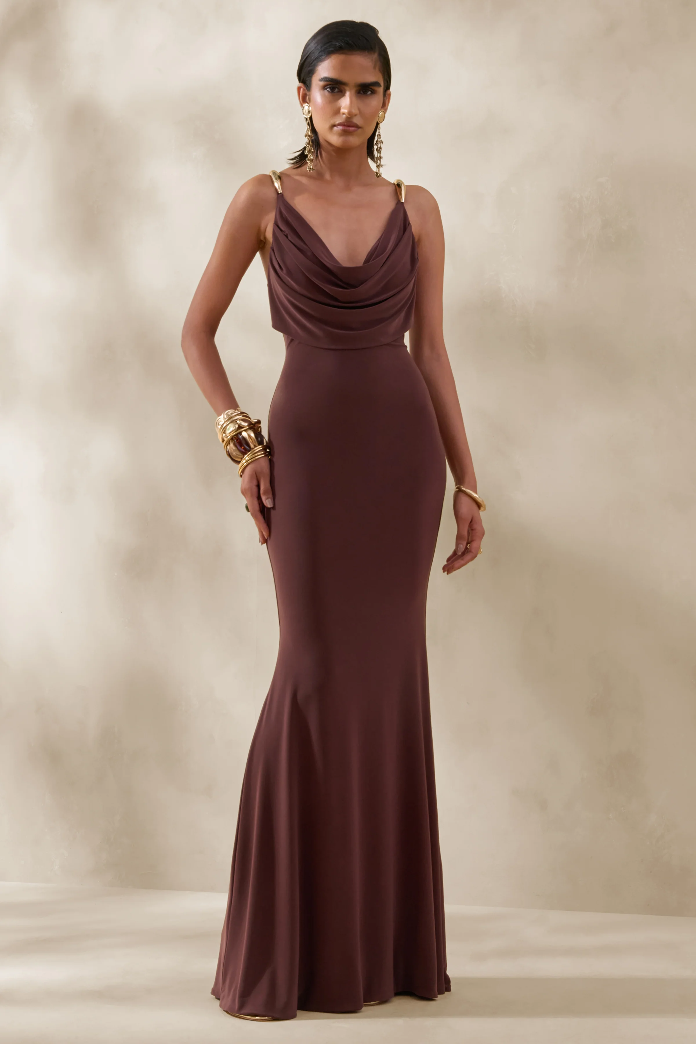 Iridessa | Brown Plunge-Neck Maxi Dress