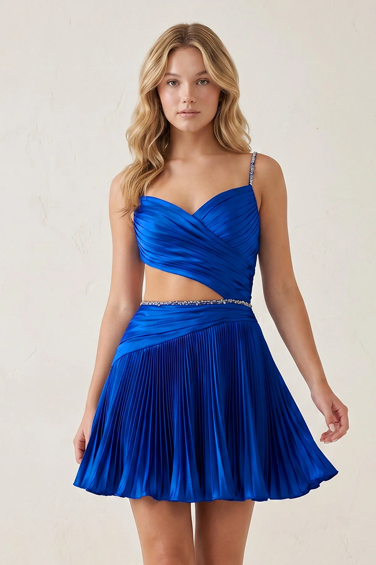 Royal Blue Spaghetti Straps Cut-Out Pleated A-Line Satin Homecoming Dress with Beading