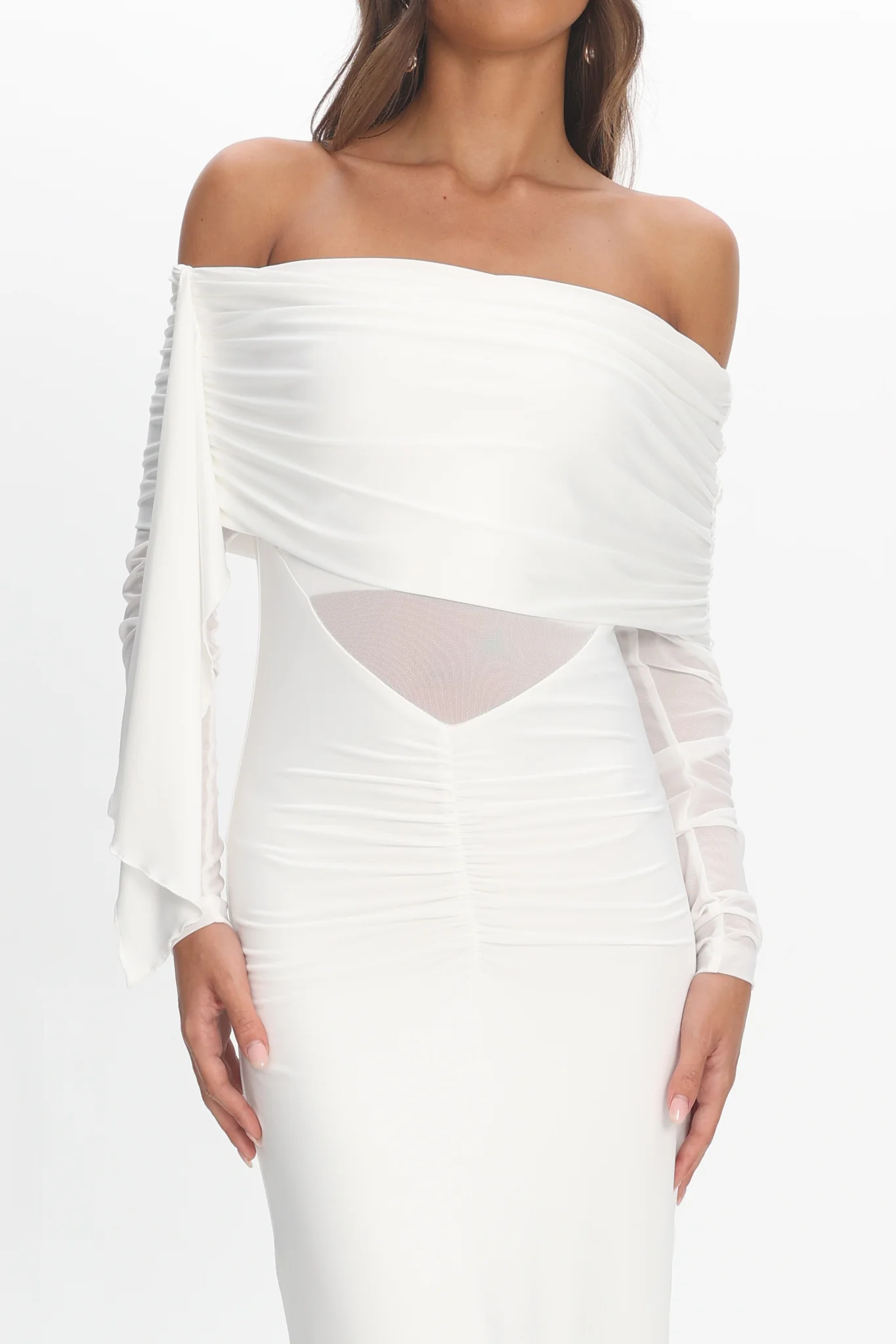 Marlowe Off-Shoulder Sheer Waist Maxi Dress Off White