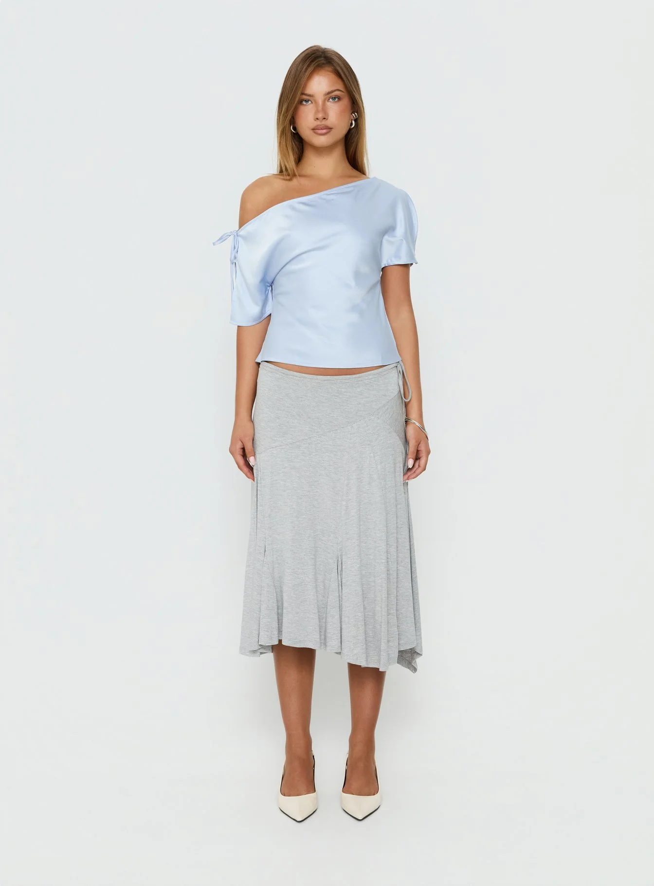Faisa Off Shoulder Satin Top Powder Blue
