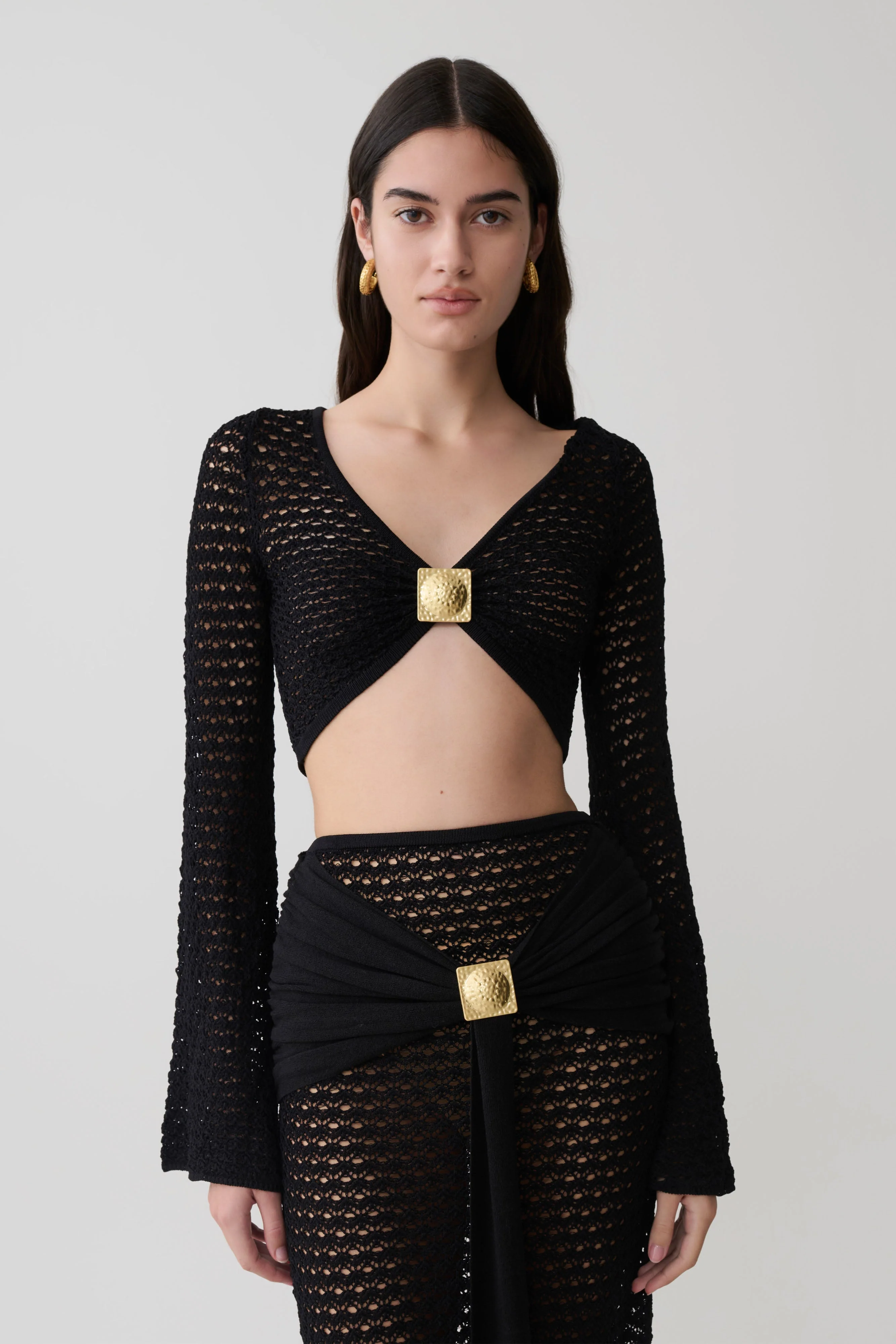 Mania Crochet Long Sleeve Cropped Top - Black