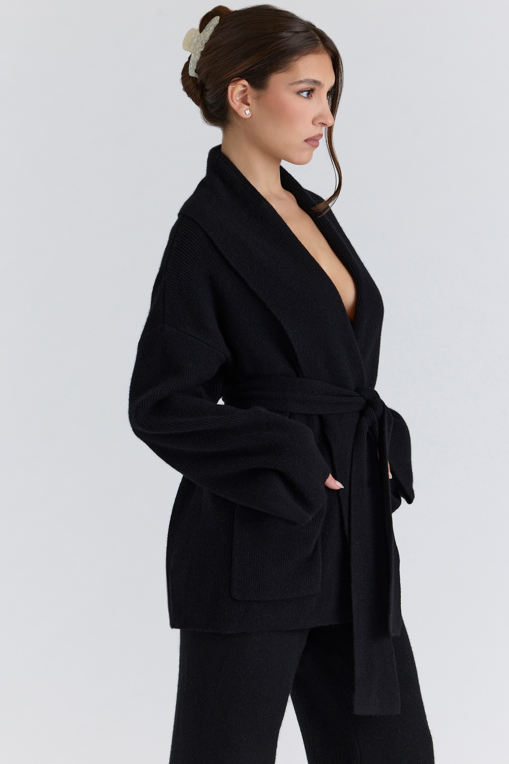 Black Pure Wool Draped Front Cardigan