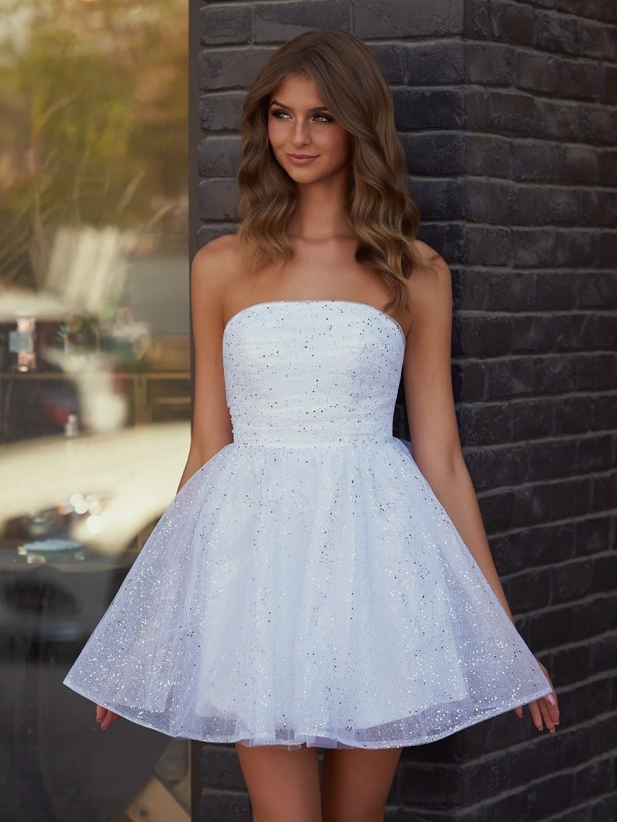 White A Line Strapless Glitter Tulle Ruffled Homecoming Dresses with Bow