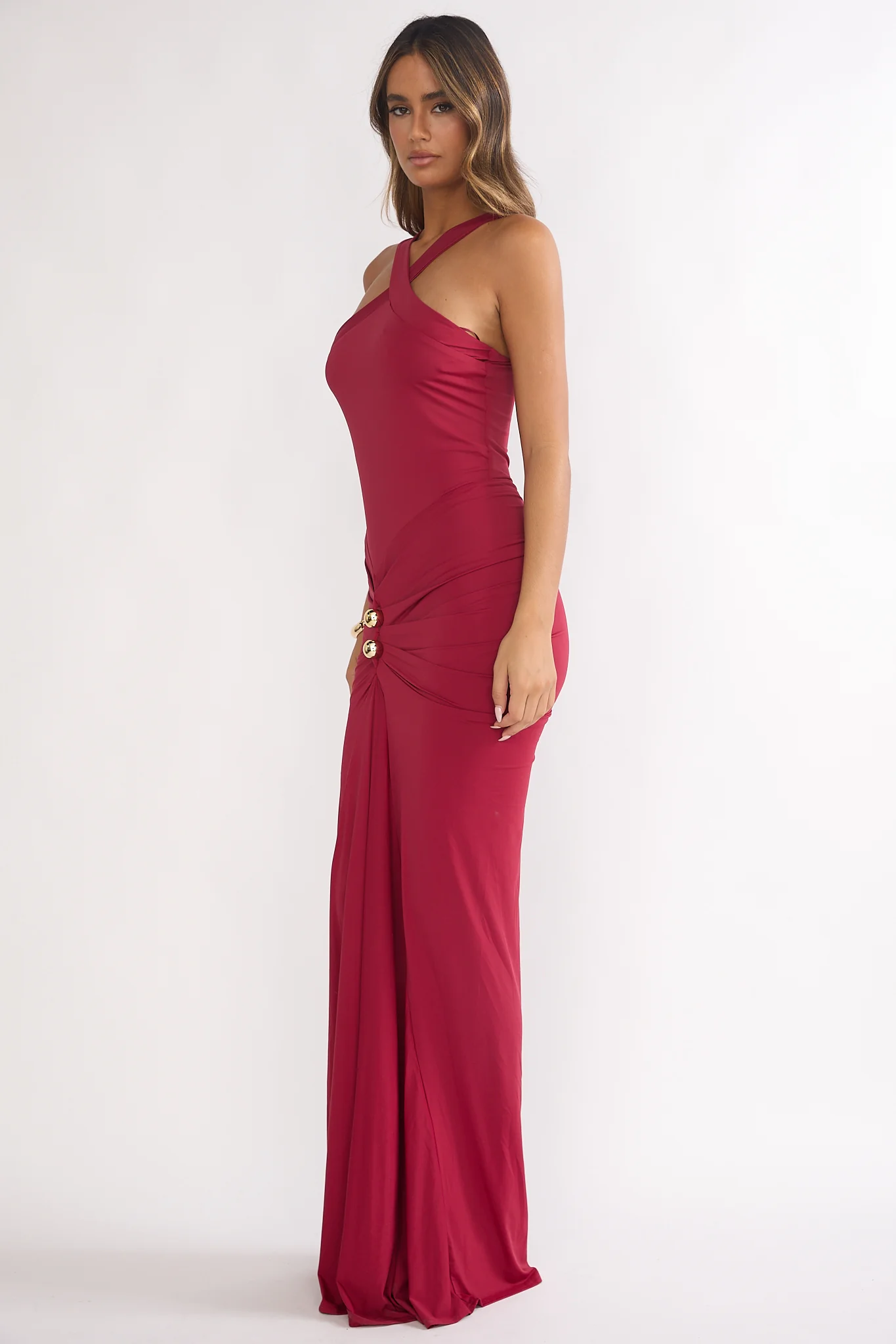 Delaina Ruched Waist Gold Accent Maxi Dress Wine - luluinthesky