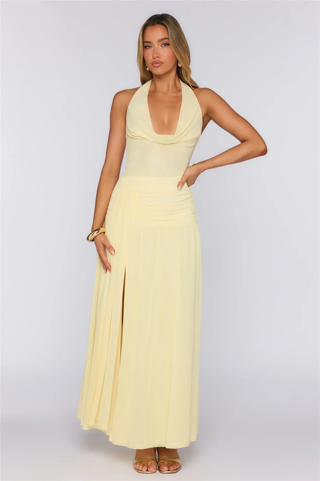 Say Less Energy Halter Mesh Maxi Dress Yellow