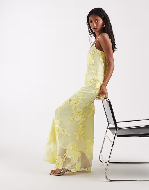 PIECES floral embroidered mesh cami maxi dress in pastel yellow