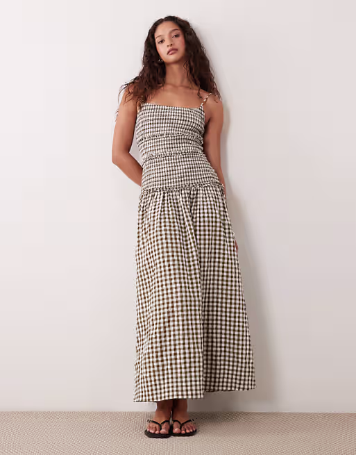 crinkle maxi sundress with shirred dropped waist in olive and cream gingham