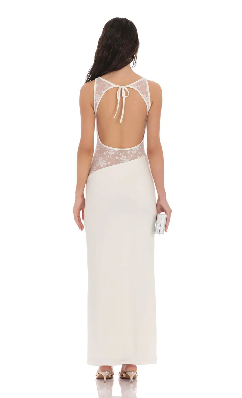 Lace Cutout Maxi Dress in White - luluinthesky