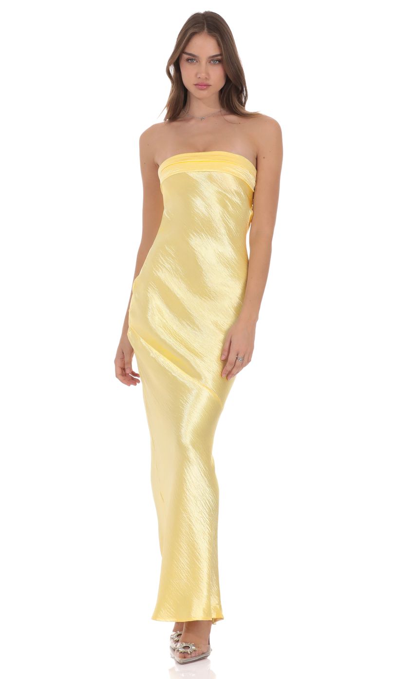 Crinkle Satin Open Back Maxi Dress in Yellow