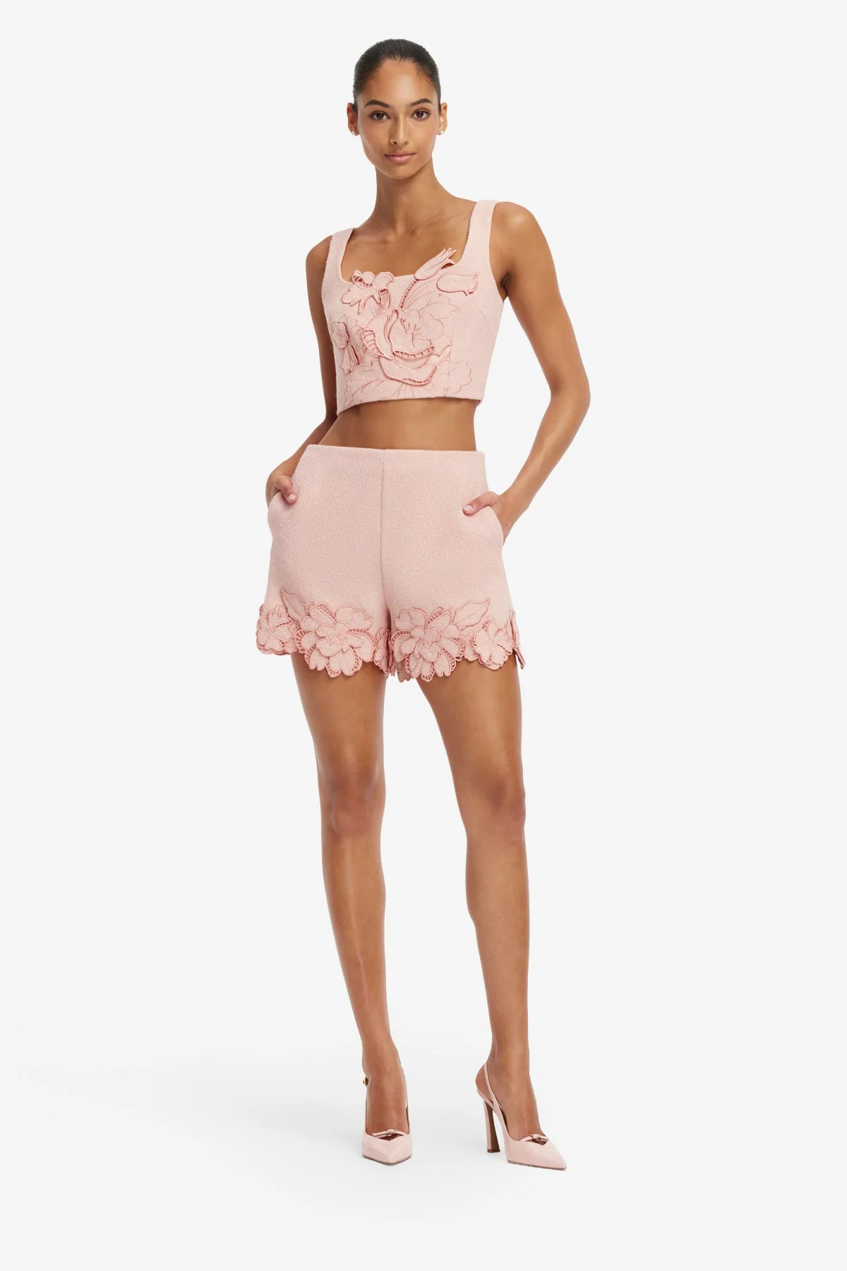 Vivian Appliqué Tweed Crop Top - Dusty Pink