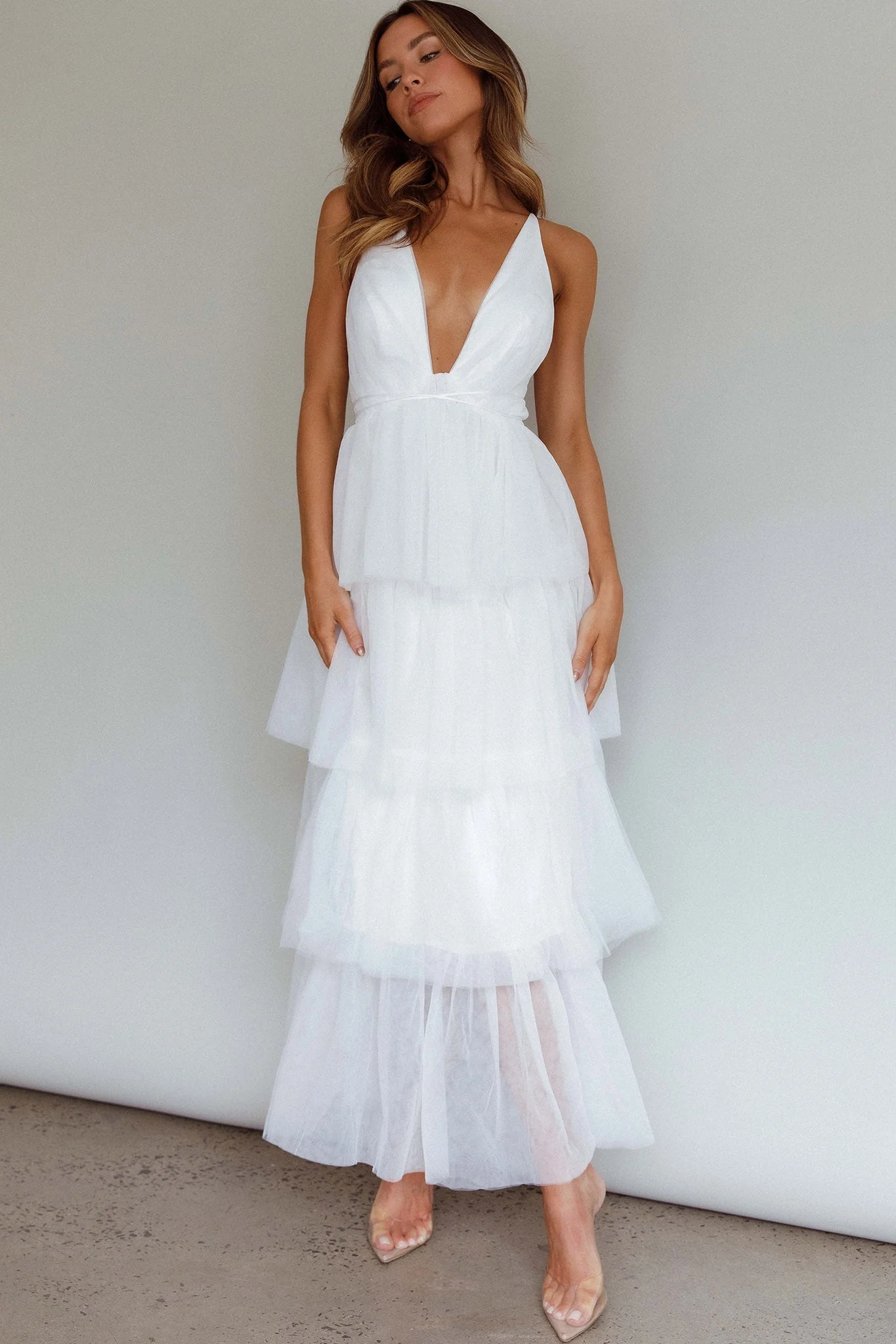 Auguste Tiered Frill Midi Dress White - luluinthesky